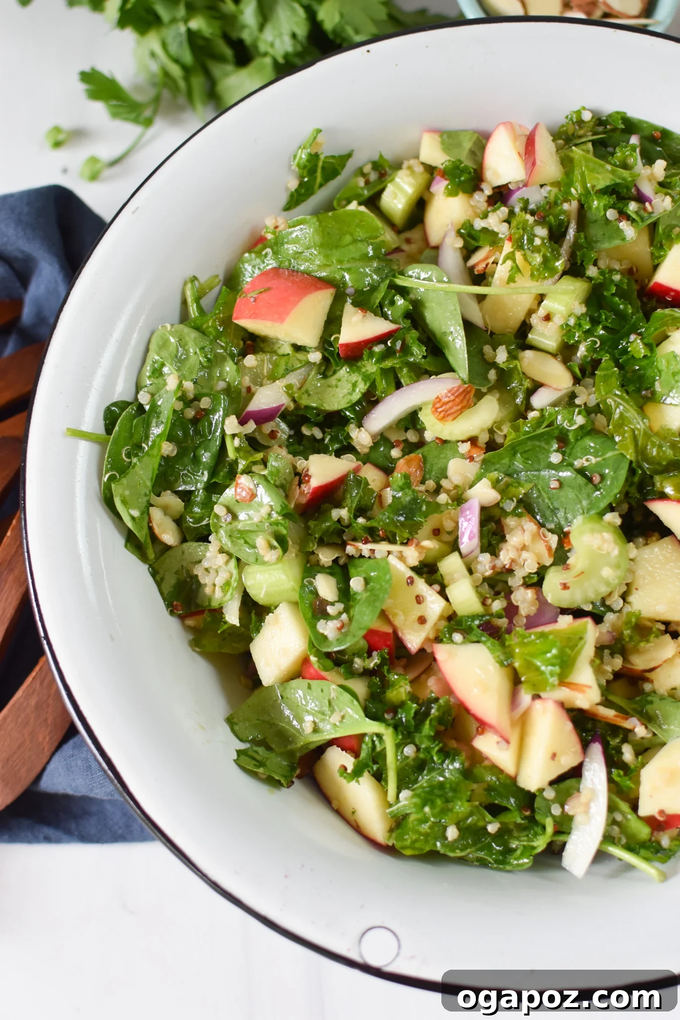 Vibrant Apple Kale Quinoa Medley 4 A close-up view of the prepared Apple Kale Quinoa Salad in a clean white bowl, highlighting the colorful and fresh ingredients with a glistening dressing.