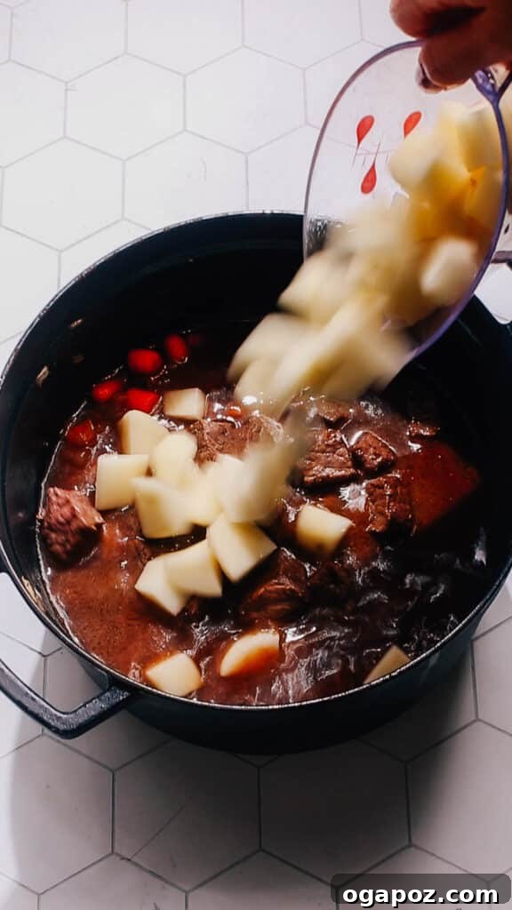 Hearty Dutch Oven Beef Feast 8 Adding cubed potatoes to the simmering beef stew.