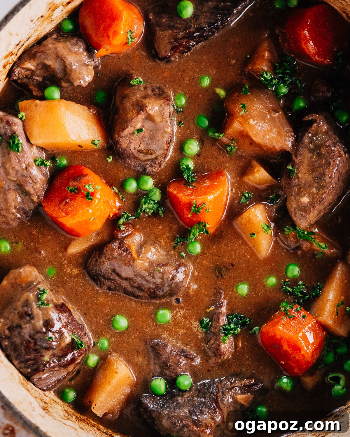 Hearty Dutch Oven Beef Feast 10 A close-up of a serving of Dutch Oven Beef Stew, showing the tender beef and vegetables in a rich gravy.
