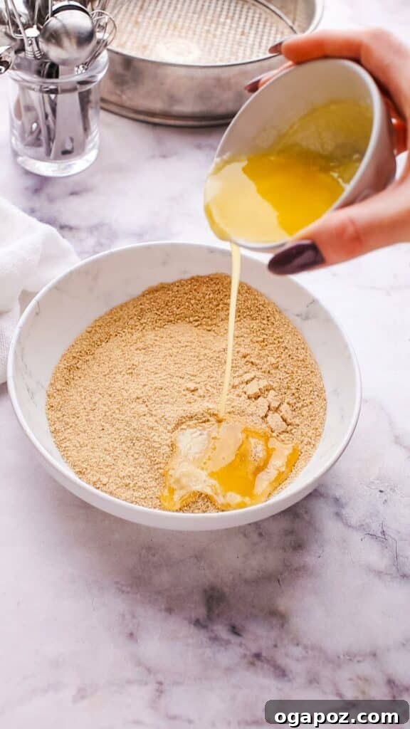 Perfect Homemade Graham Cracker Crust 3 Adding melted butter to graham cracker crumbs for cheesecake crust.
