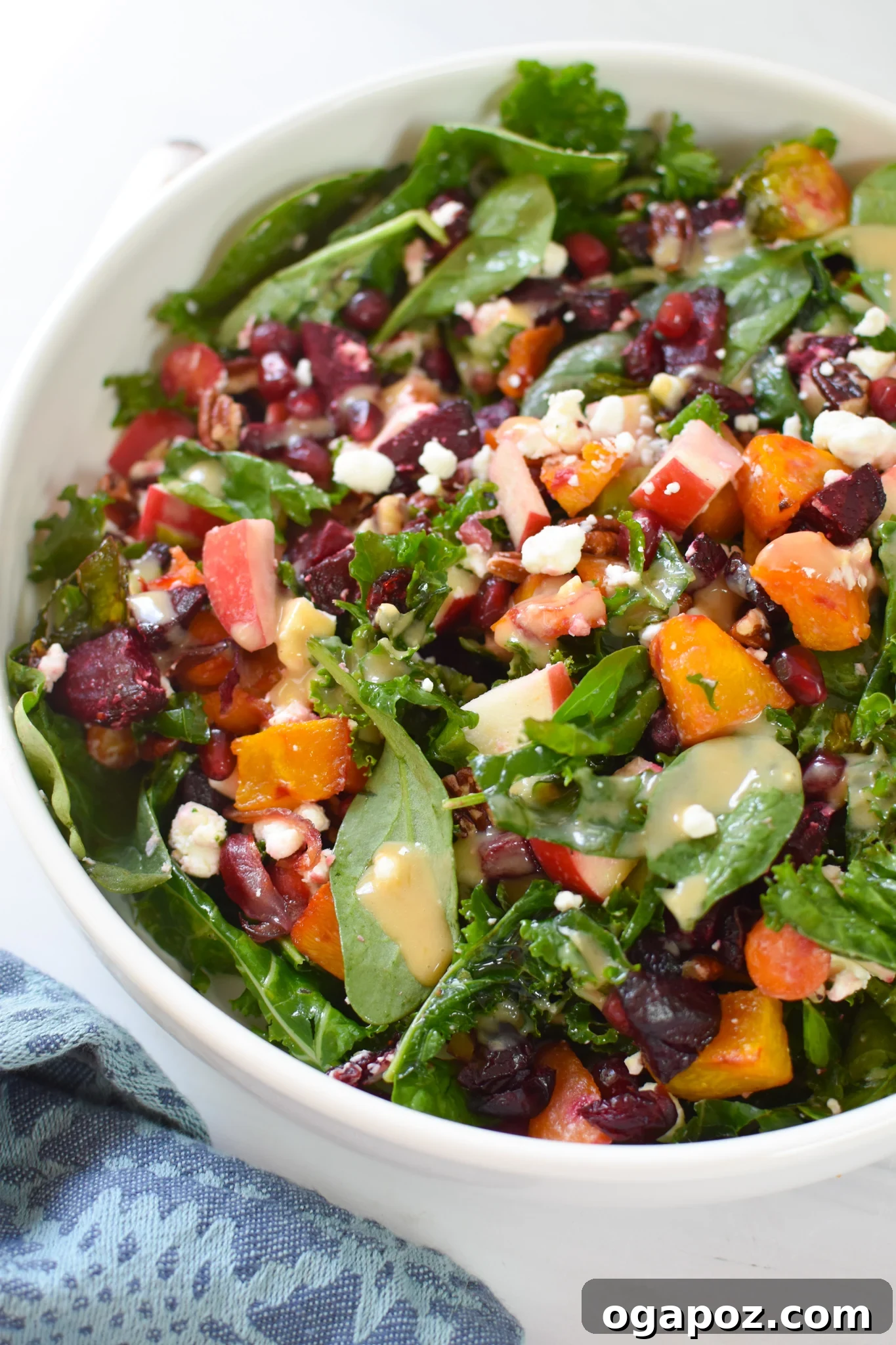 Golden Harvest Salad 2 A vibrant Fall Harvest Salad in a white bowl, showcasing roasted vegetables, leafy greens, and colorful toppings.
