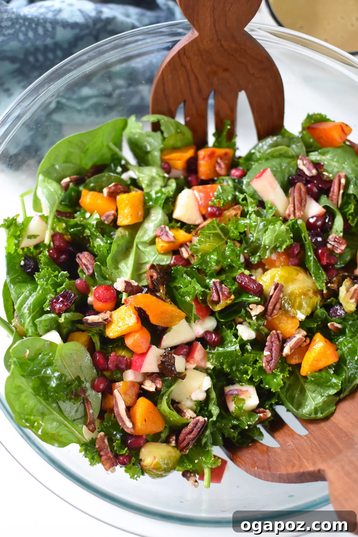 Golden Harvest Salad 4 A close-up of the assembled Fall Harvest Salad in a clear bowl, highlighting the colorful roasted vegetables and fresh ingredients.