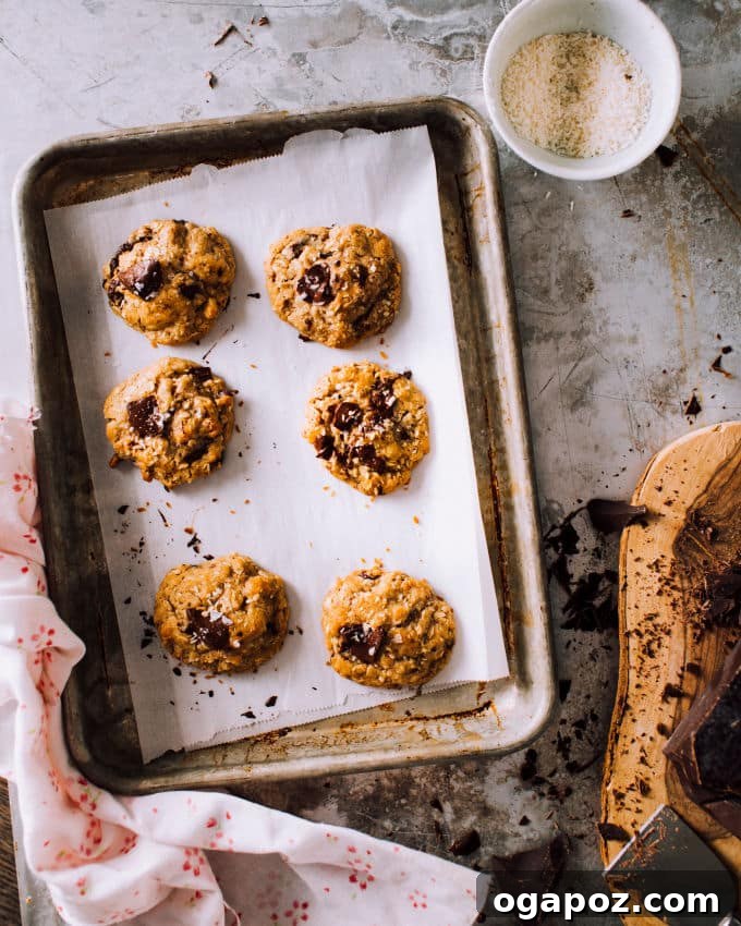 Decadent Chocolate Coconut Oat Cookies 2 Freshly baked coconut oatmeal cookies with chocolate chips cooling on a rack