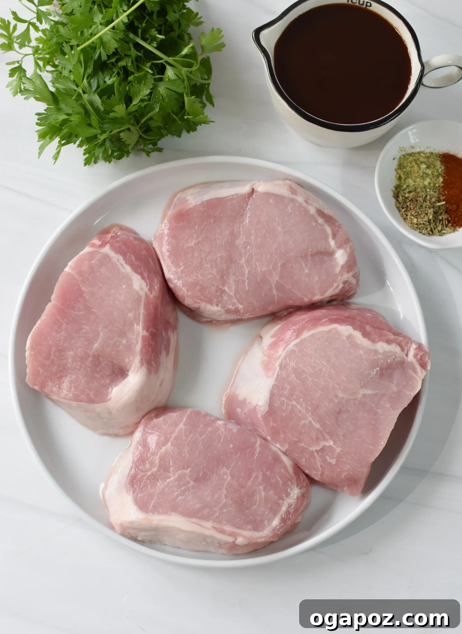 Effortless Air Fryer Boneless Pork Chops 3 Ingredients laid out for Air Fryer Boneless Pork Chops, including raw pork, spices, and BBQ sauce.