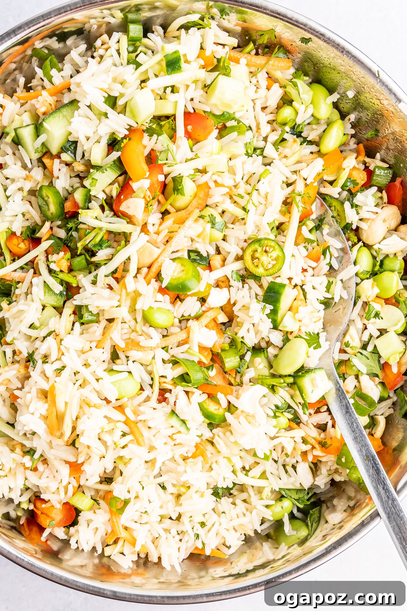 Tropical Coconut Rice Salad 2 Coconut Rice Salad in a bowl with a spoon, showcasing the colorful and fresh ingredients.