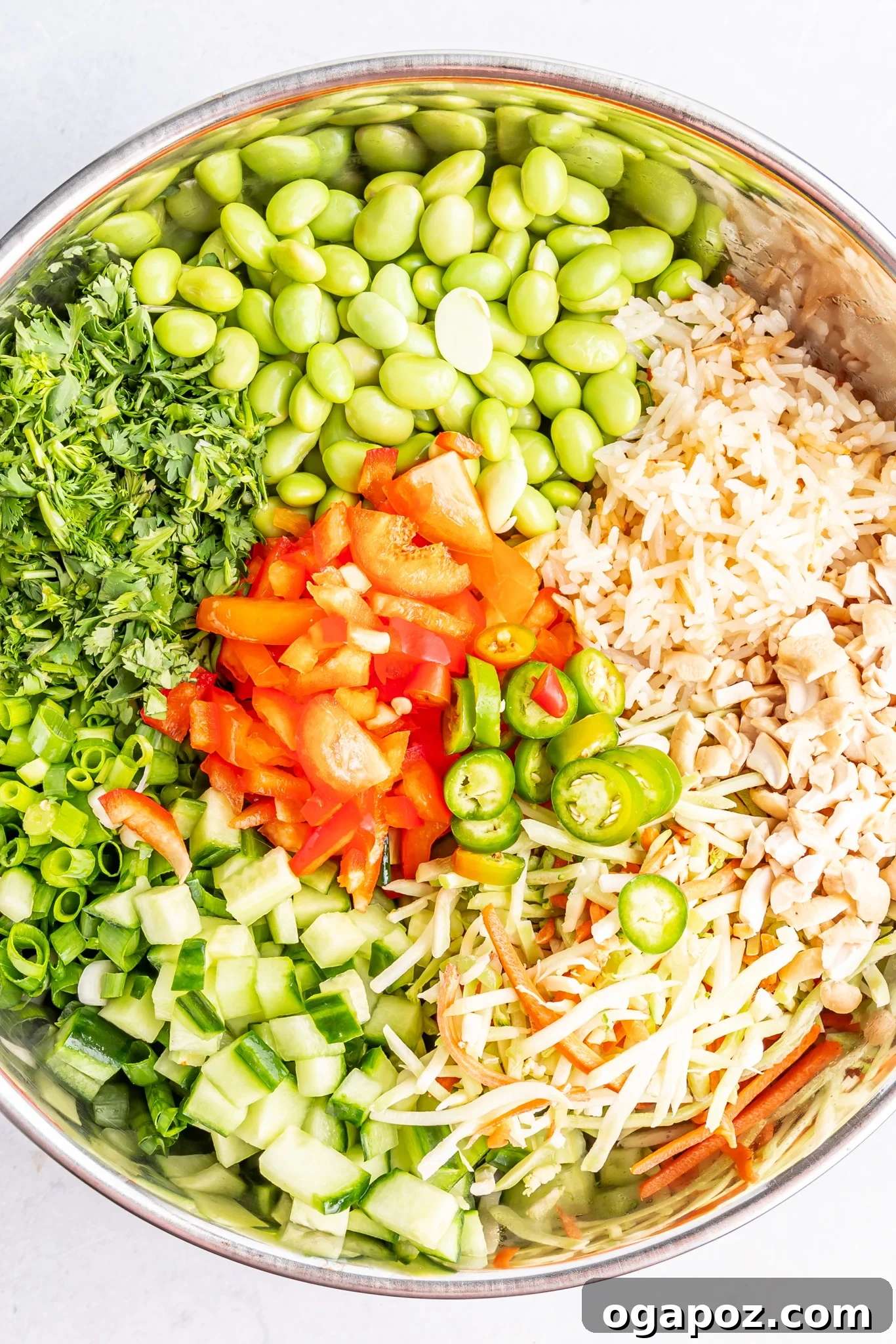 Tropical Coconut Rice Salad 10 A large bowl of mixed Coconut Rice Salad ingredients, ready for the final dressing and toss.