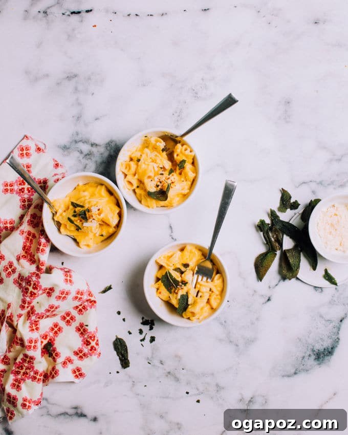 Velvety Pumpkin Pasta with Crispy Sage 5 Close-up of creamy pumpkin pasta with rigatoni in two bowls, garnished with crispy sage leaves and a hint of red chili flakes, ready to be enjoyed.