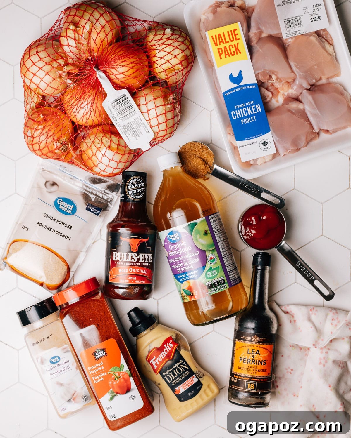 Melt-in-Your-Mouth Slow Cooker BBQ Chicken 3 A visual display of all the fresh and pantry ingredients required for making Crockpot BBQ Chicken, laid out neatly on a kitchen counter.