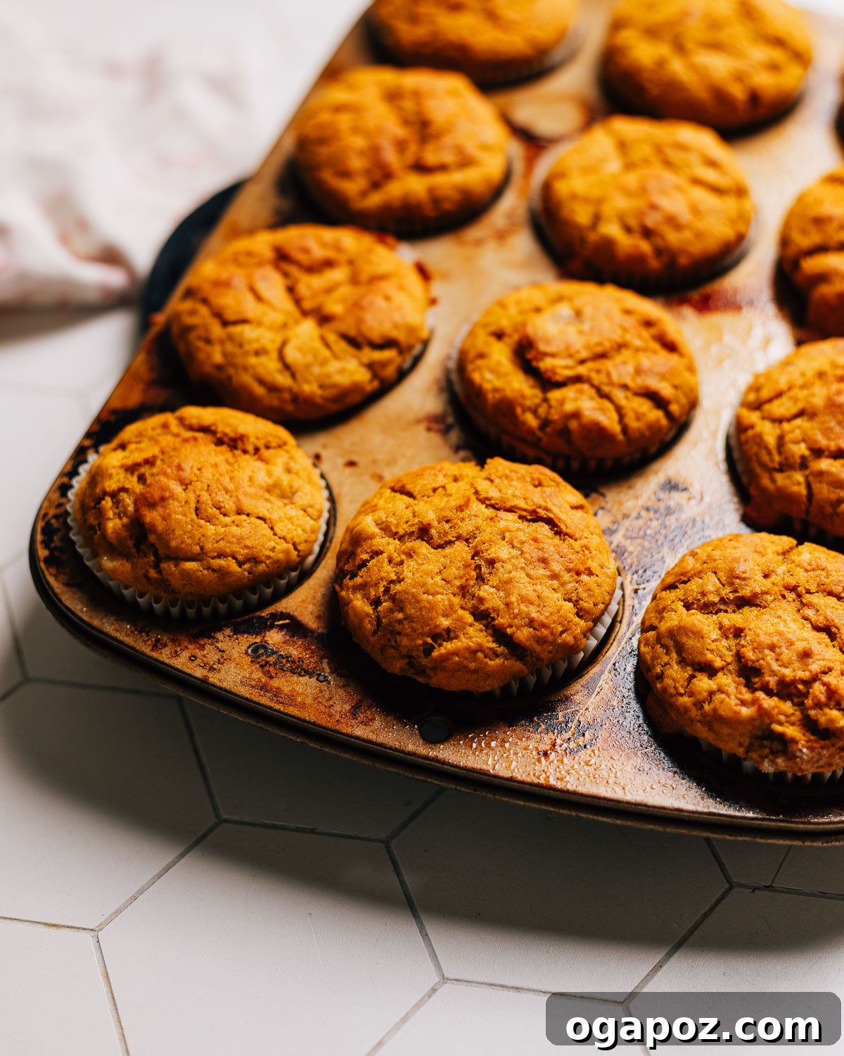 Spiced Pumpkin Banana Muffins 8 Freshly baked Pumpkin Banana Muffins cooling in a muffin pan.