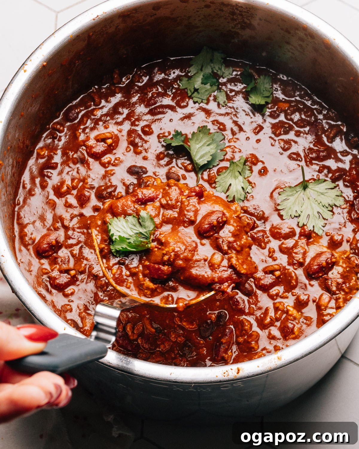 Instant Pot Chili served in a bowl with a ladle, ready to be dished out.