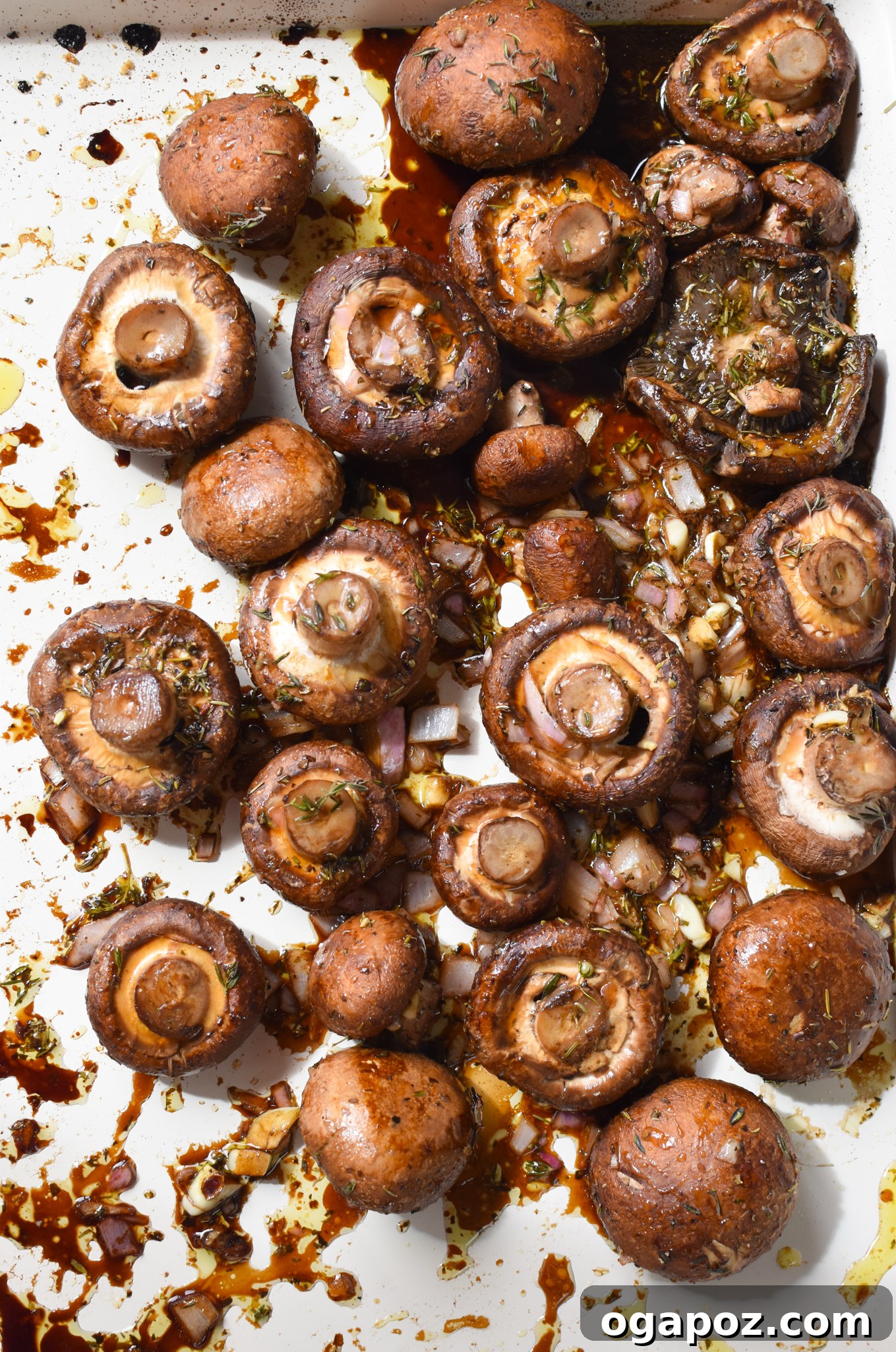 Caramelized Balsamic Roasted Mushrooms 7 Roasted Balsamic Mushrooms on a baking sheet.