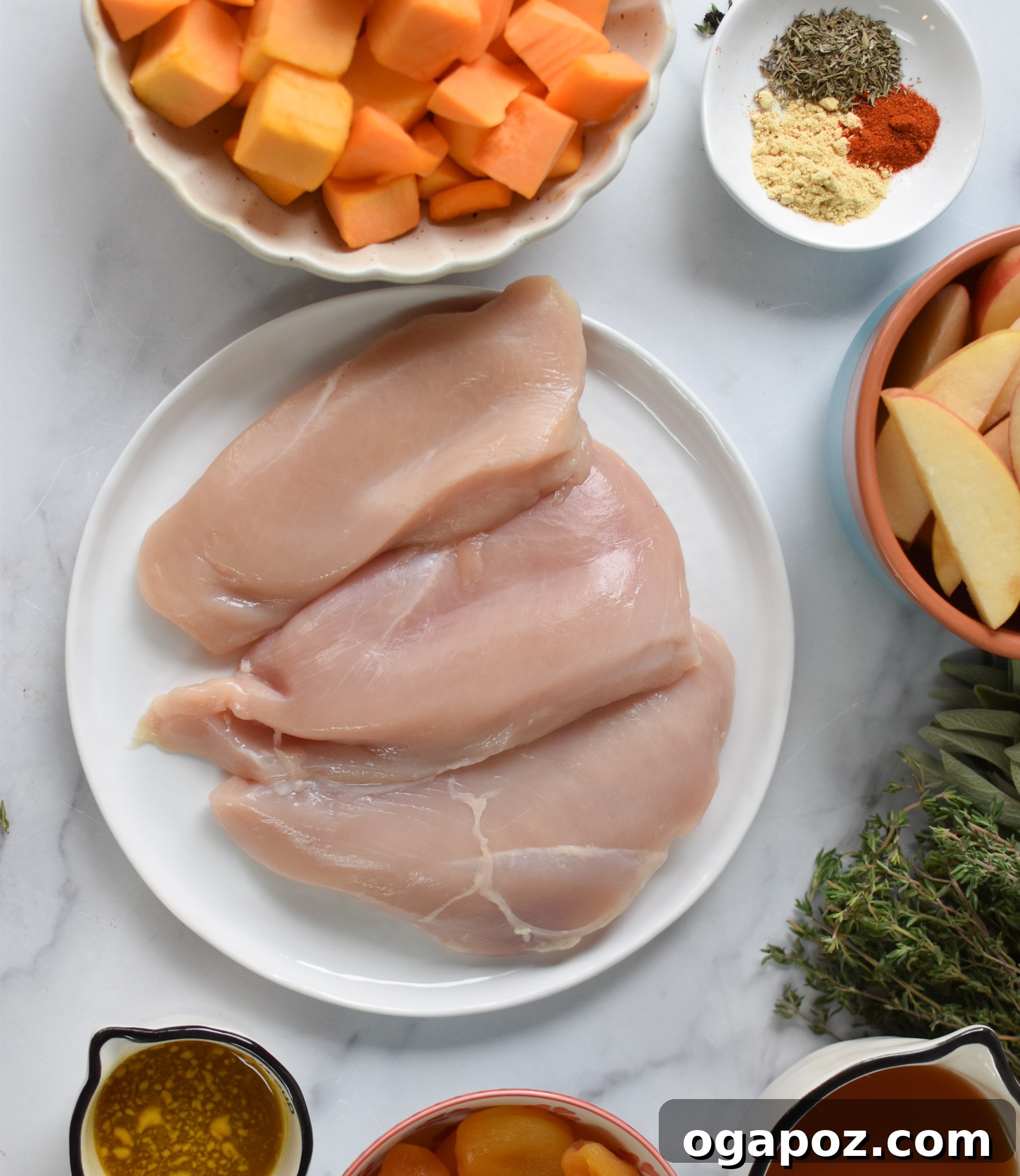 Sweet and Savory Slow Cooker Apple Chicken 3 A flat lay photograph displaying all the fresh ingredients for Crockpot Apple Chicken Breast Recipe, including chicken breasts, honey crisp apples, cubed butternut squash, and various spices.