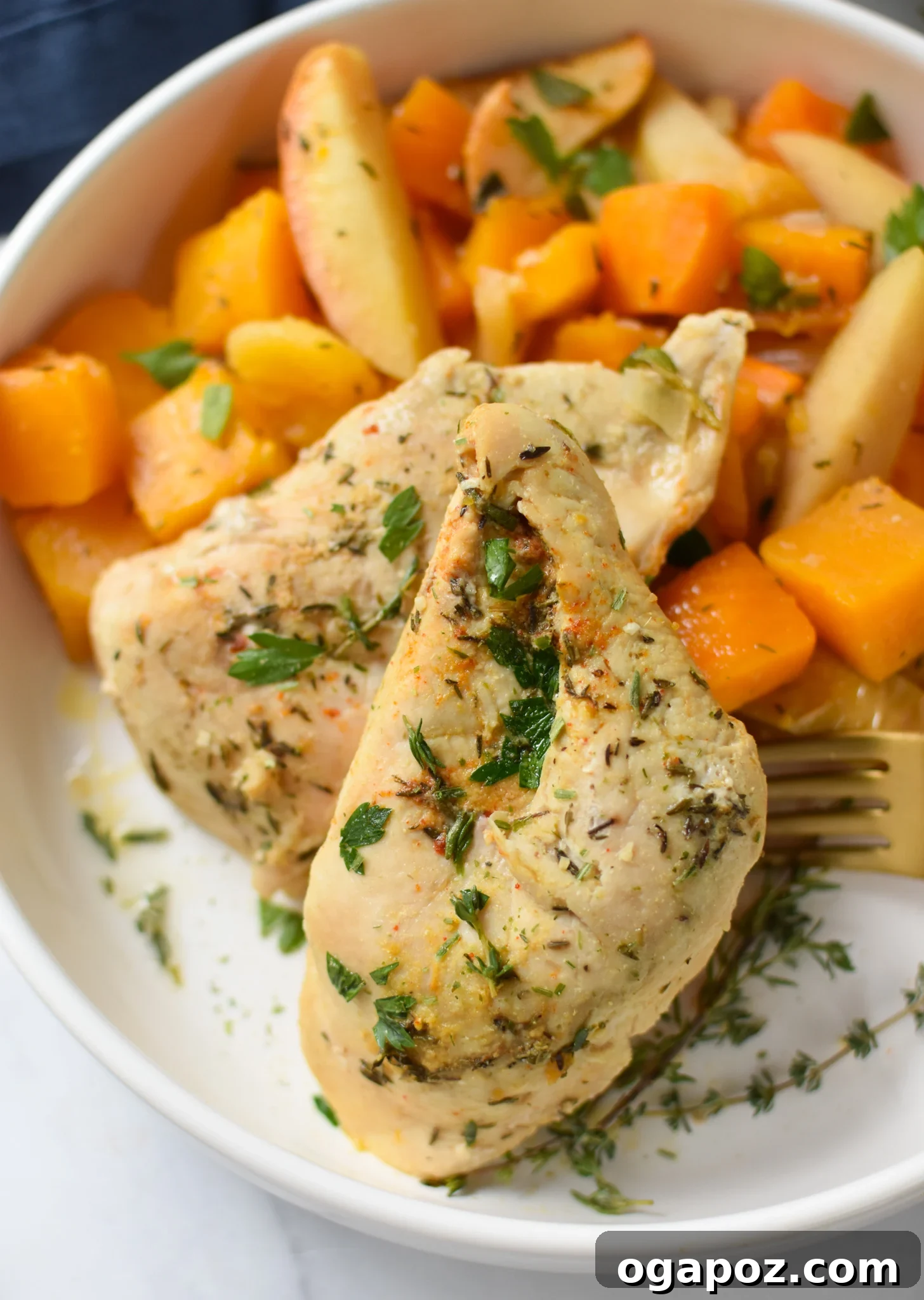 Sweet and Savory Slow Cooker Apple Chicken 5 A serving of Crockpot Apple Chicken Breast Recipe on a white plate, highlighting the tender chicken and vibrant autumnal ingredients, ready to be enjoyed.