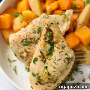 Sweet and Savory Slow Cooker Apple Chicken 6 Crockpot Apple Chicken Breast Recipe on a white plate with apples.
