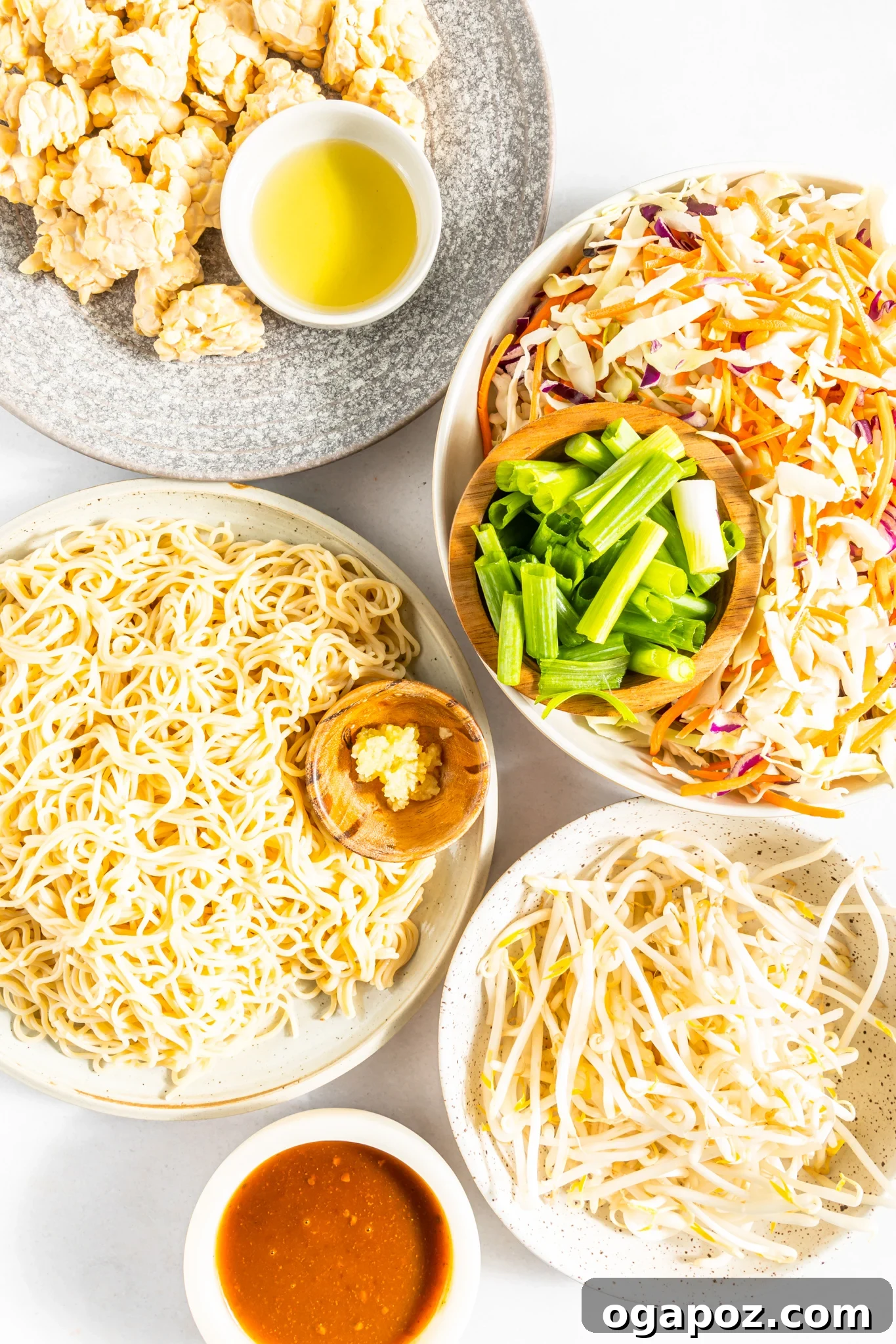 Simple Garden Noodle Stir-fry 3 Assortment of fresh ingredients for Easy Vegetable Chow Mein.