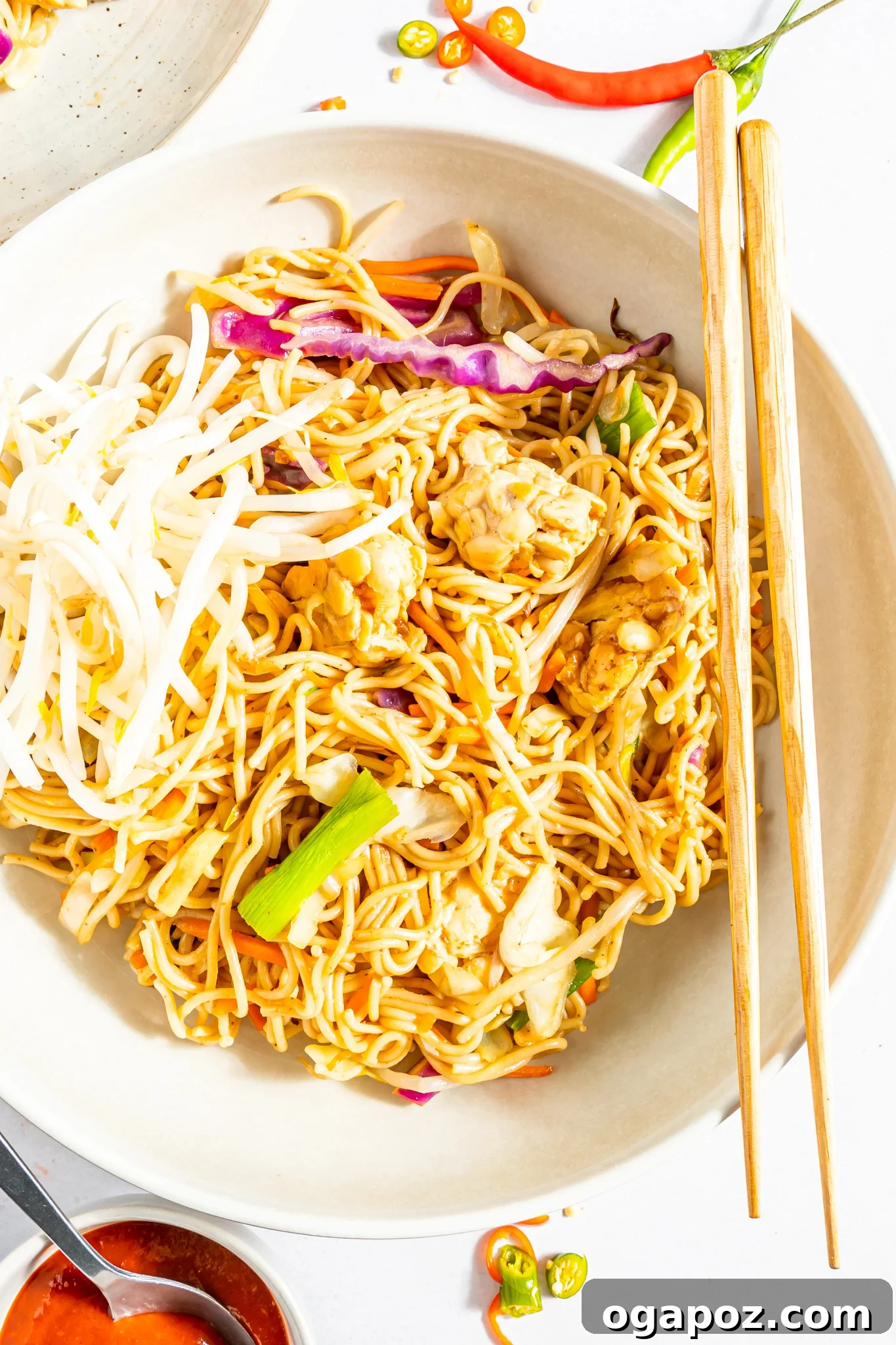 Simple Garden Noodle Stir-fry 4 Easy Vegetable Chow Mein served with chopsticks.