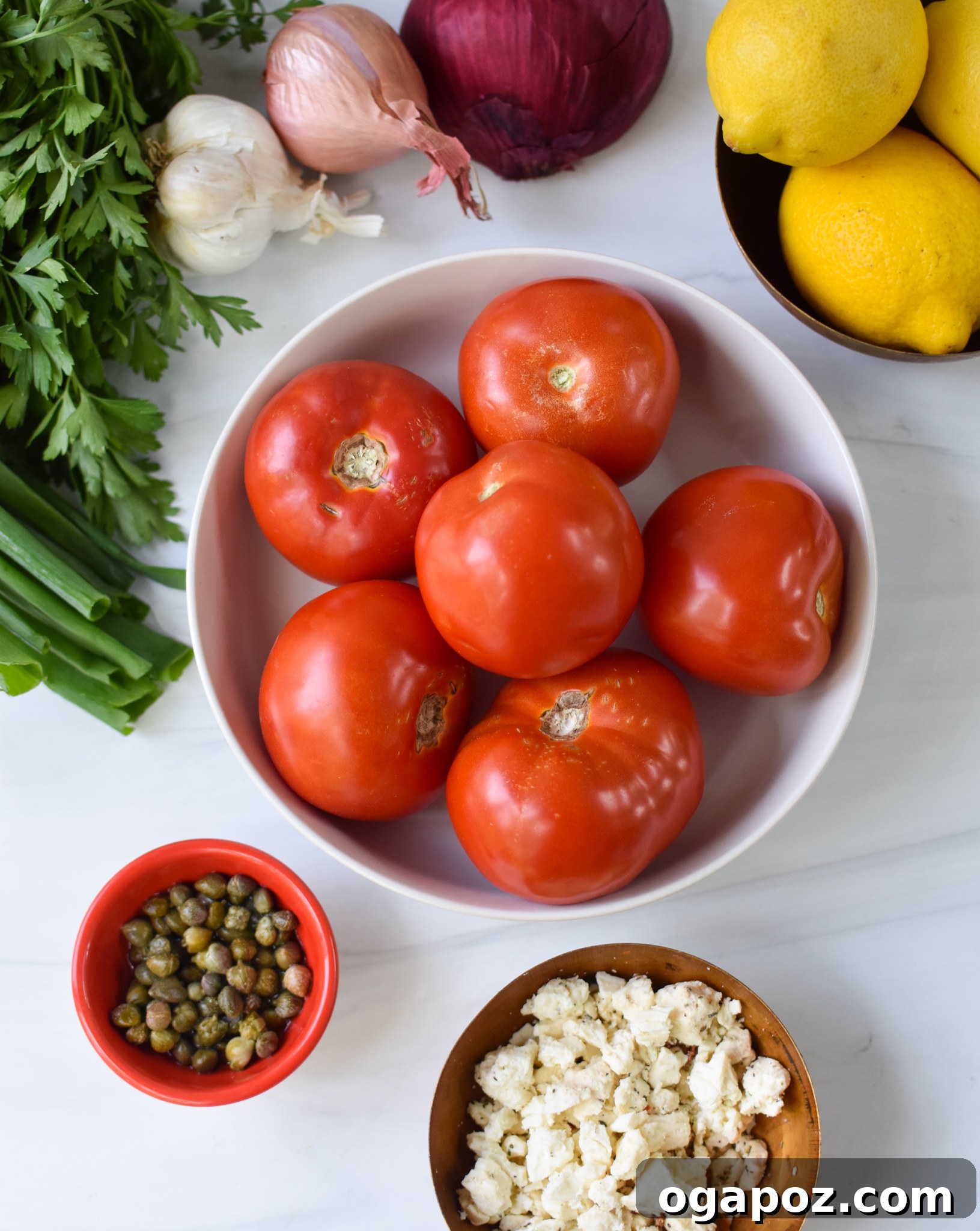 Garden Fresh Tomato Toss 3 Fresh ingredients for Easy Tomato Salad, including whole tomatoes, a block of feta cheese, a jar of capers, and a bundle of fresh herbs on a wooden cutting board.