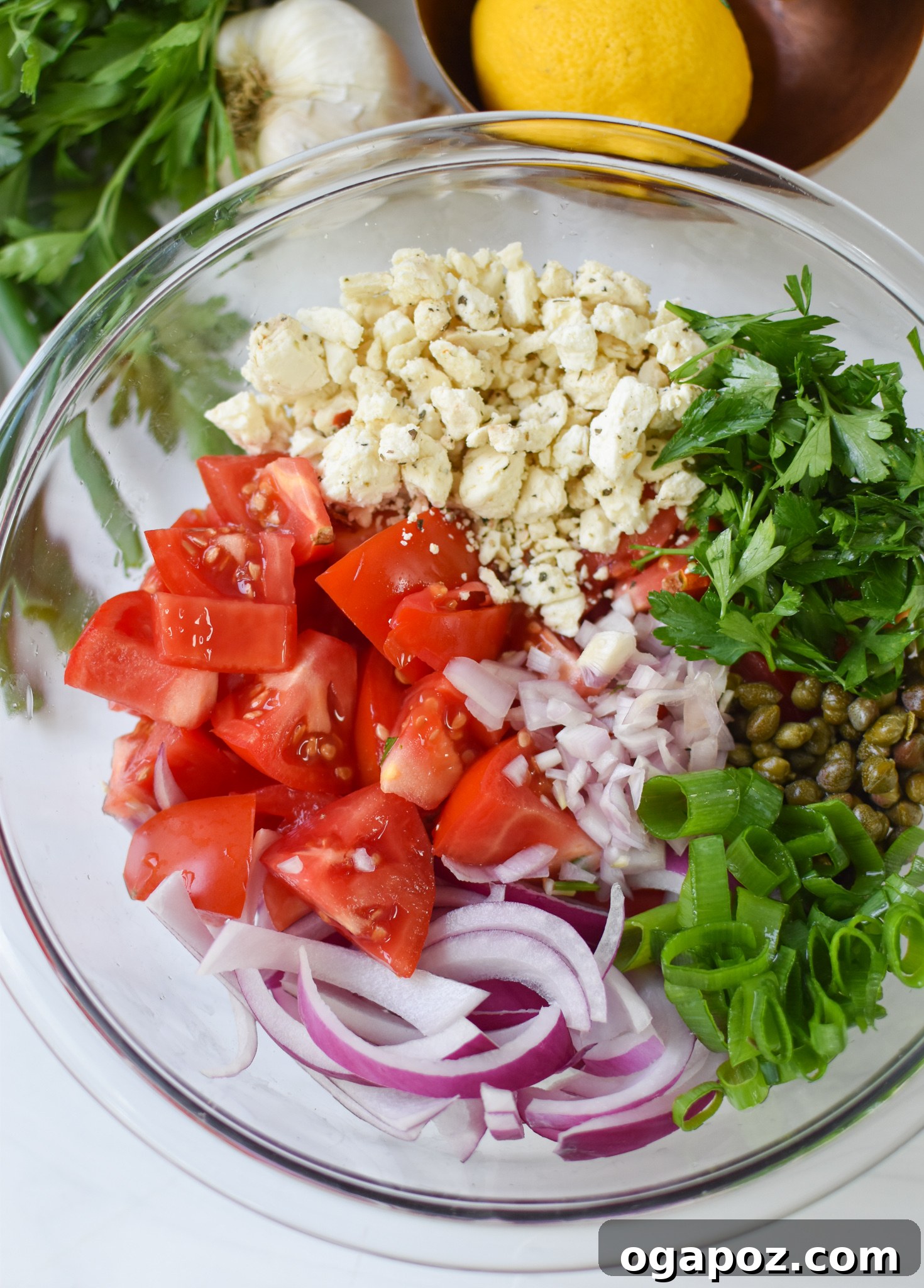 Garden Fresh Tomato Toss 5 Easy Tomato Salad ingredients in a mixing bowl before the dressing is added.