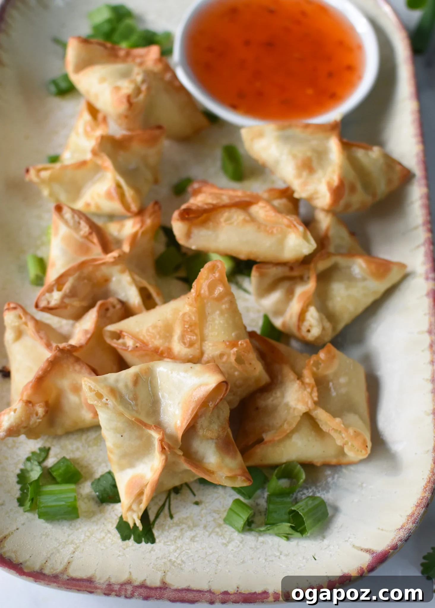 Crispy Air Fryer Crab Rangoon 4 A perfectly air-fried crab rangoon resting on a white plate, showcasing its crispy texture.