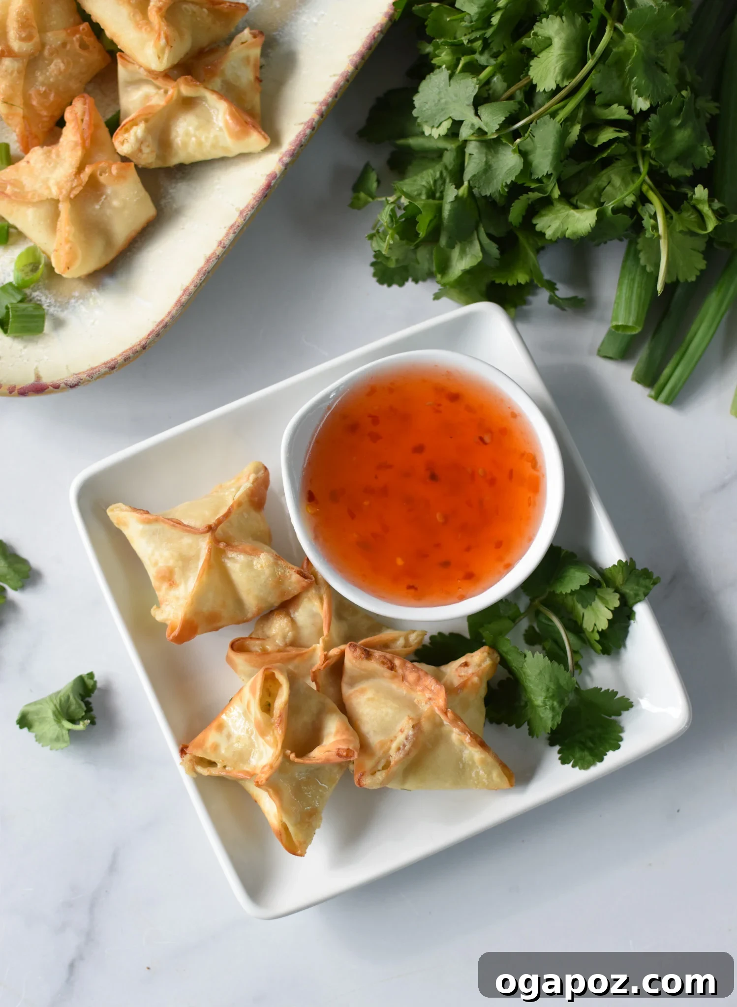Crispy Air Fryer Crab Rangoon 8 A batch of golden-brown Air Fryer Crab Rangoon served on a square white plate, garnished with fresh cilantro.