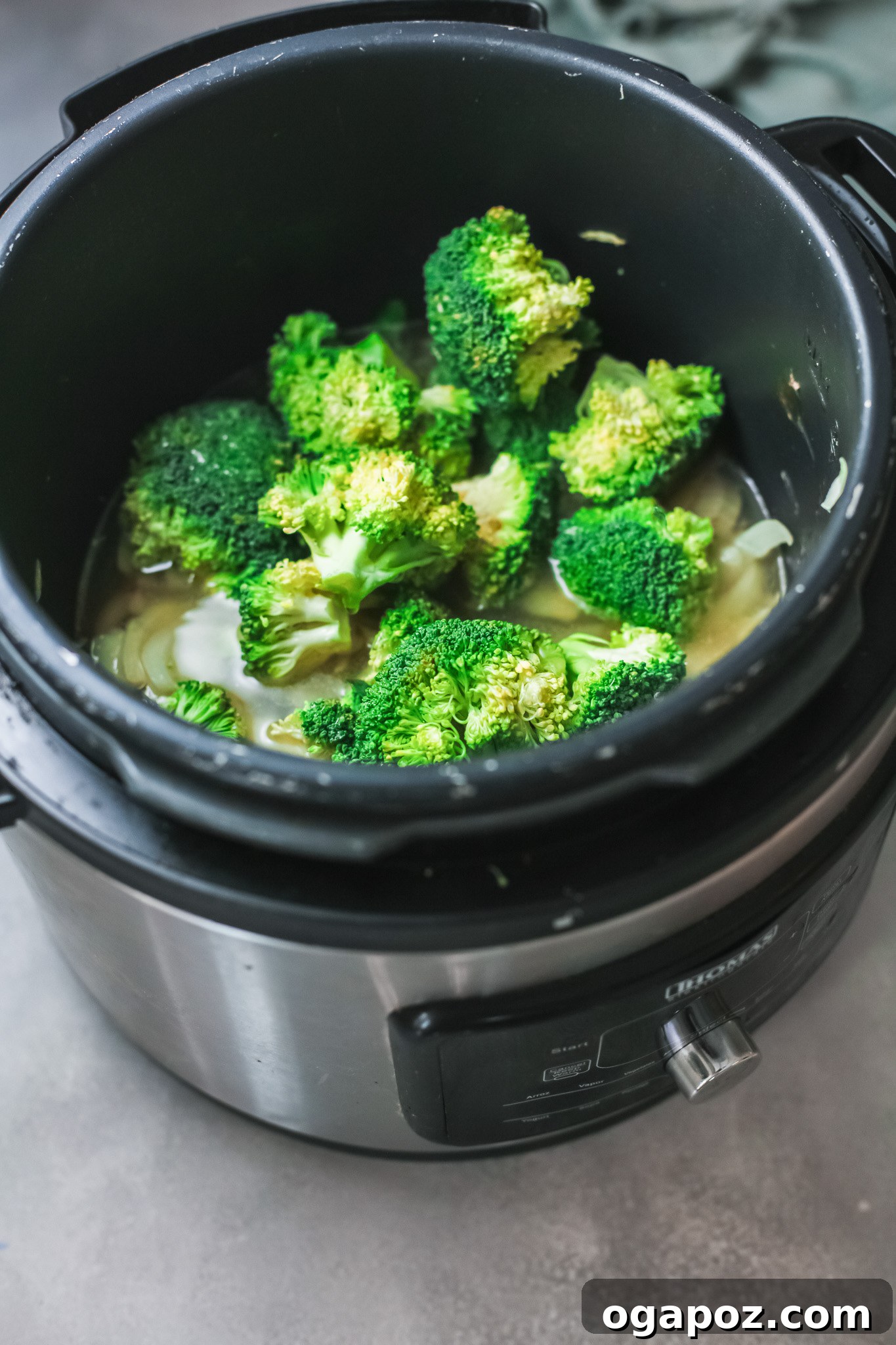 Velvety Instant Pot Broccoli Soup 5 Fresh broccoli florets and vegetable broth combined in the Instant Pot, ready for pressure cooking.