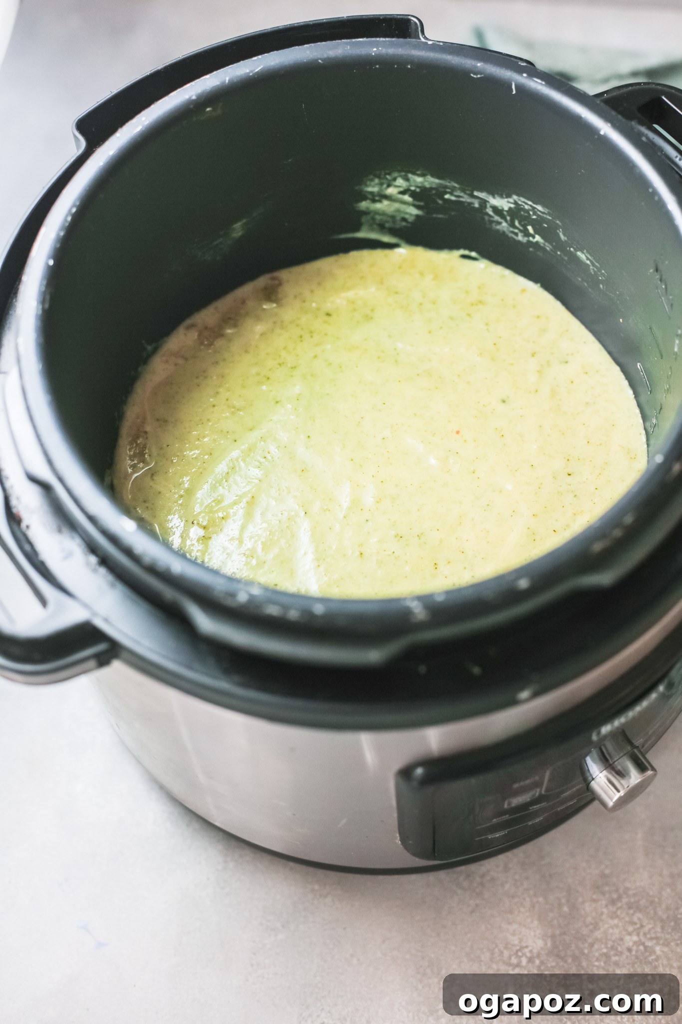 Velvety Instant Pot Broccoli Soup 6 The smooth, puréed texture of Instant Pot Broccoli Soup, ready for the final additions of cream and cheese.