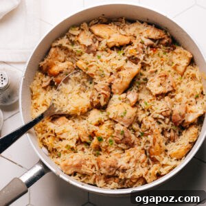Effortless Chicken and Rice Delight 12 A detailed close-up of a pot of perfectly cooked chicken and rice, showcasing the fluffy grains and tender chicken pieces.