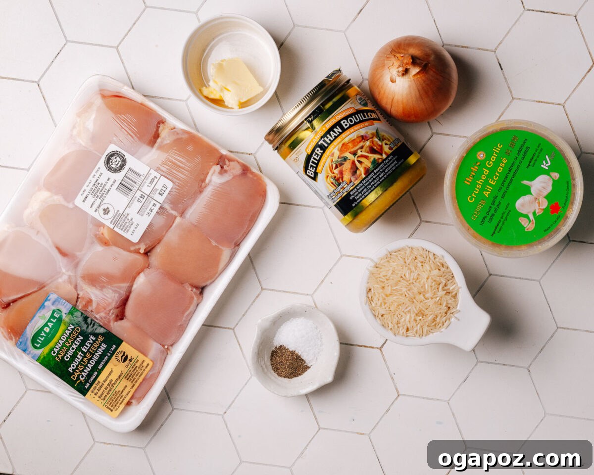 Effortless Chicken and Rice Delight 3 A selection of fresh ingredients laid out, including chicken, rice, onion, garlic, and spices, for making chicken and rice.