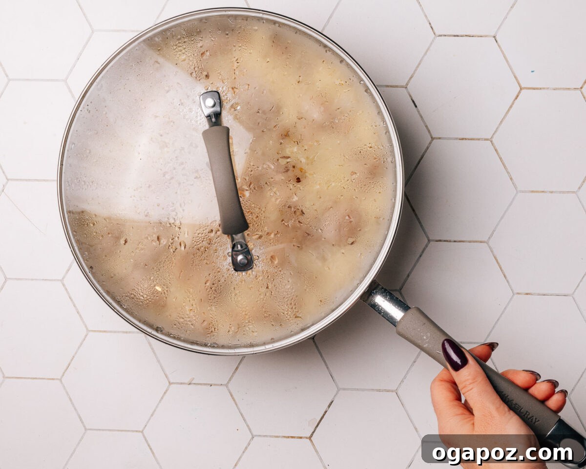 Effortless Chicken and Rice Delight 9 Step 6: The skillet is covered and simmering gently on the stovetop, allowing the chicken and rice to cook together.