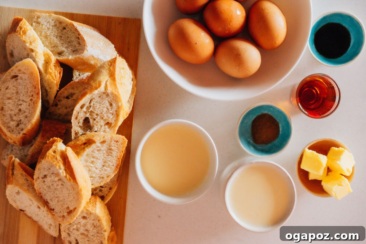 Sweet Morning French Toast Bake 3 Key ingredients for French Toast Bake, including bread, eggs, milk, vanilla, and cinnamon.