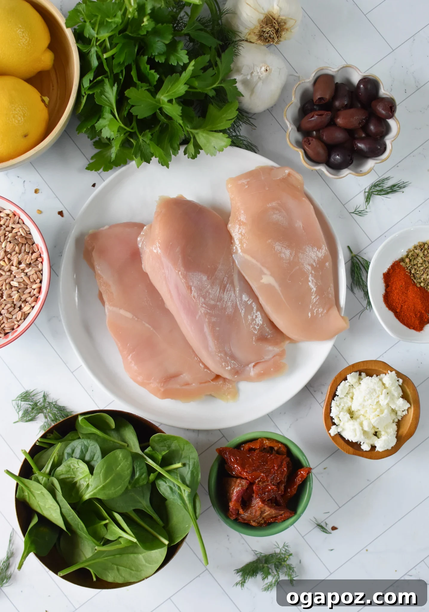 Tuscan Chicken Farro Bake 3 Sun-dried Tomato Farro Chicken Bake ingredients.