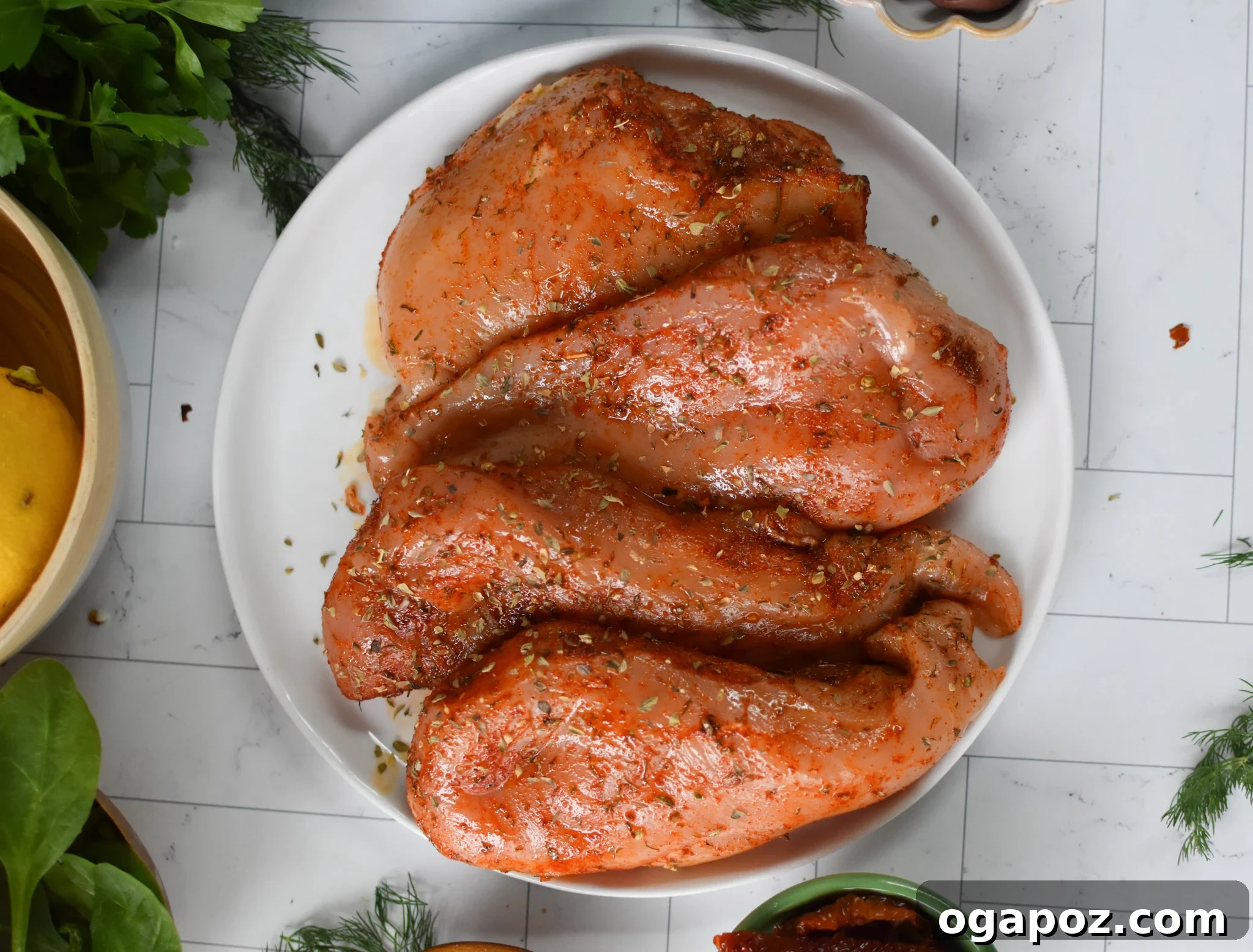 Tuscan Chicken Farro Bake 5 Sun-dried Tomato Farro Chicken Bake chicken with spices.