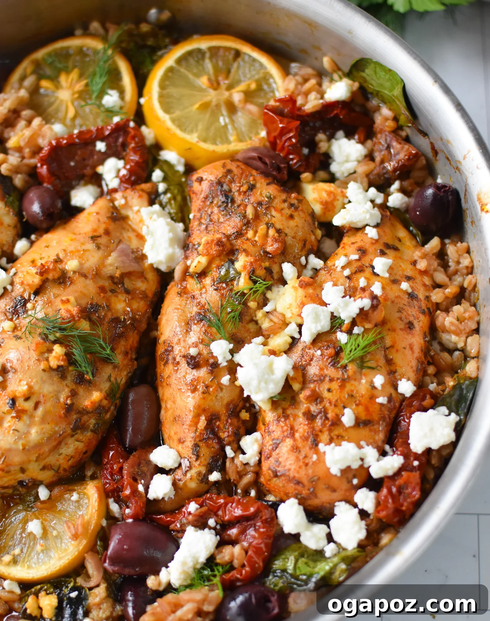 Tuscan Chicken Farro Bake 7 Sun-dried Tomato Farro Chicken Bake with feta.