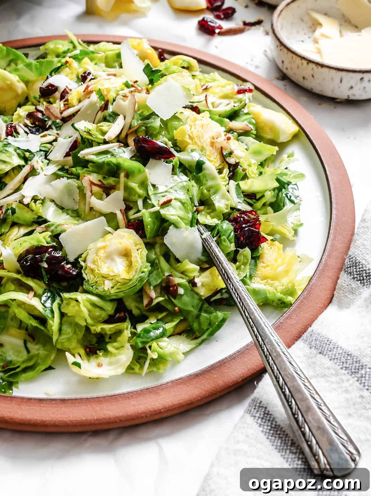 Bright Brussels Slaw 2 A serving of Brussels Sprout Slaw with a fork, ready to be enjoyed.