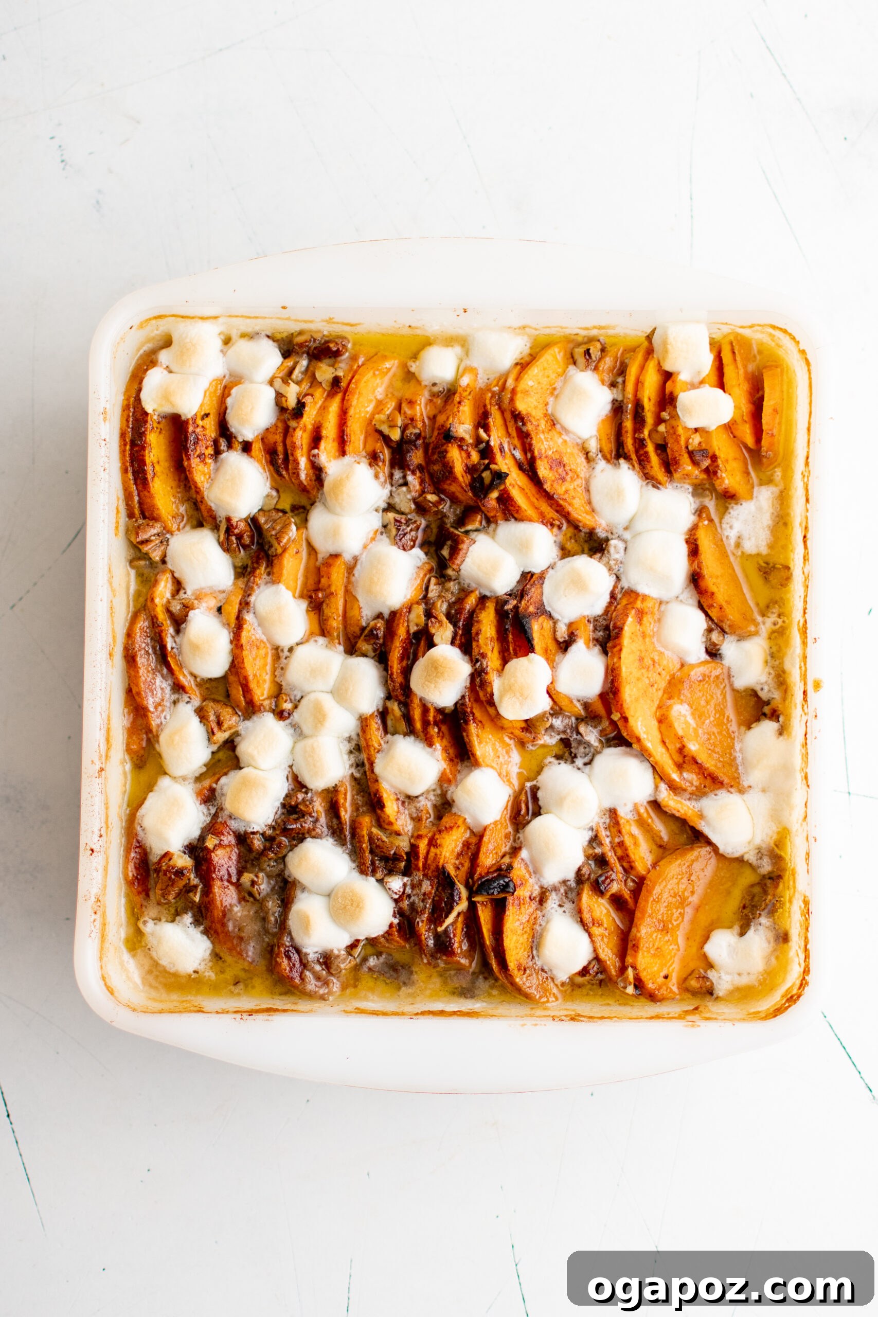 Simple Golden Sweet Potato Gratin 9 The scalloped sweet potatoes, freshly baked, showing the tender, cooked sweet potatoes and the rich, bubbling cream sauce, before the marshmallows are added.
