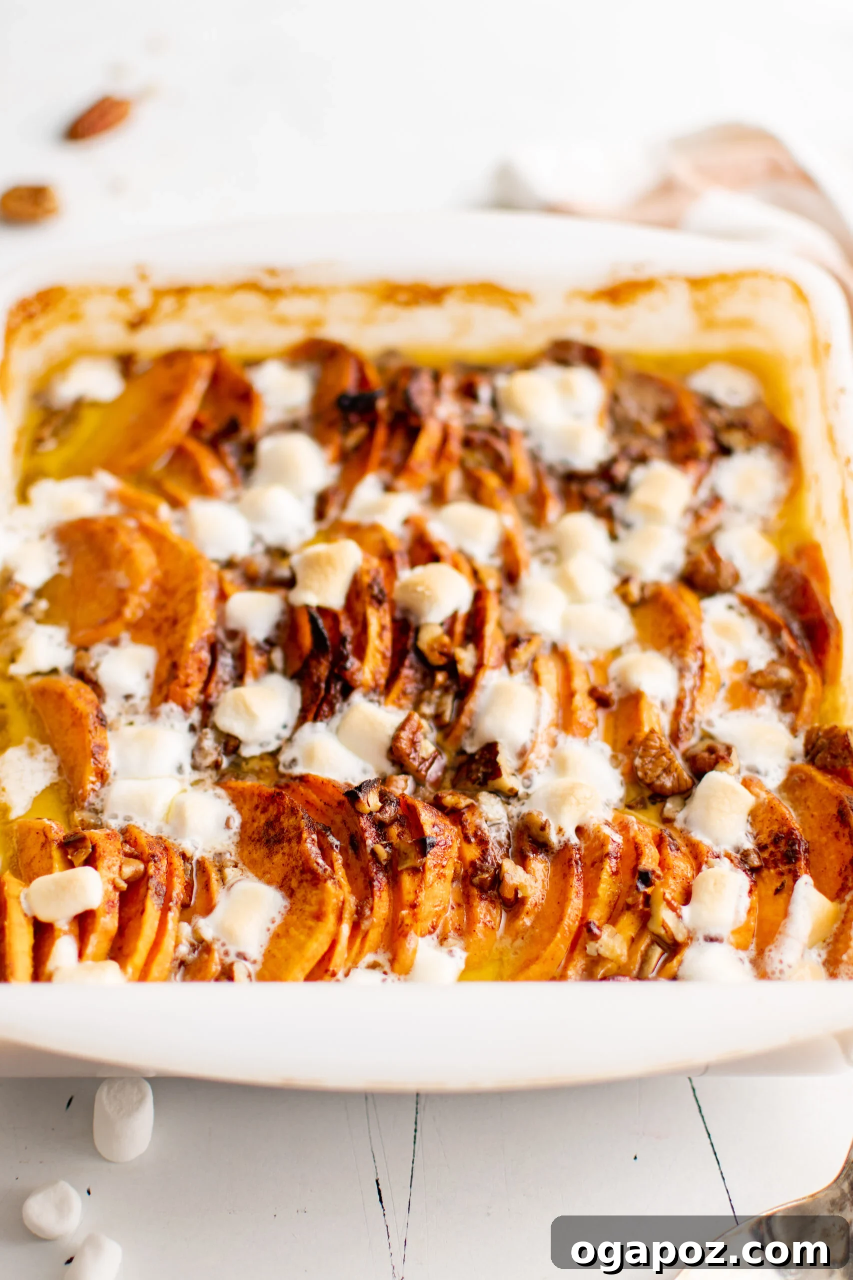 Simple Golden Sweet Potato Gratin 10 An appetizing close-up photo of scalloped sweet potatoes in a white ceramic dish, featuring perfectly melted and slightly toasted marshmallows on top, adorned with chopped pecans.