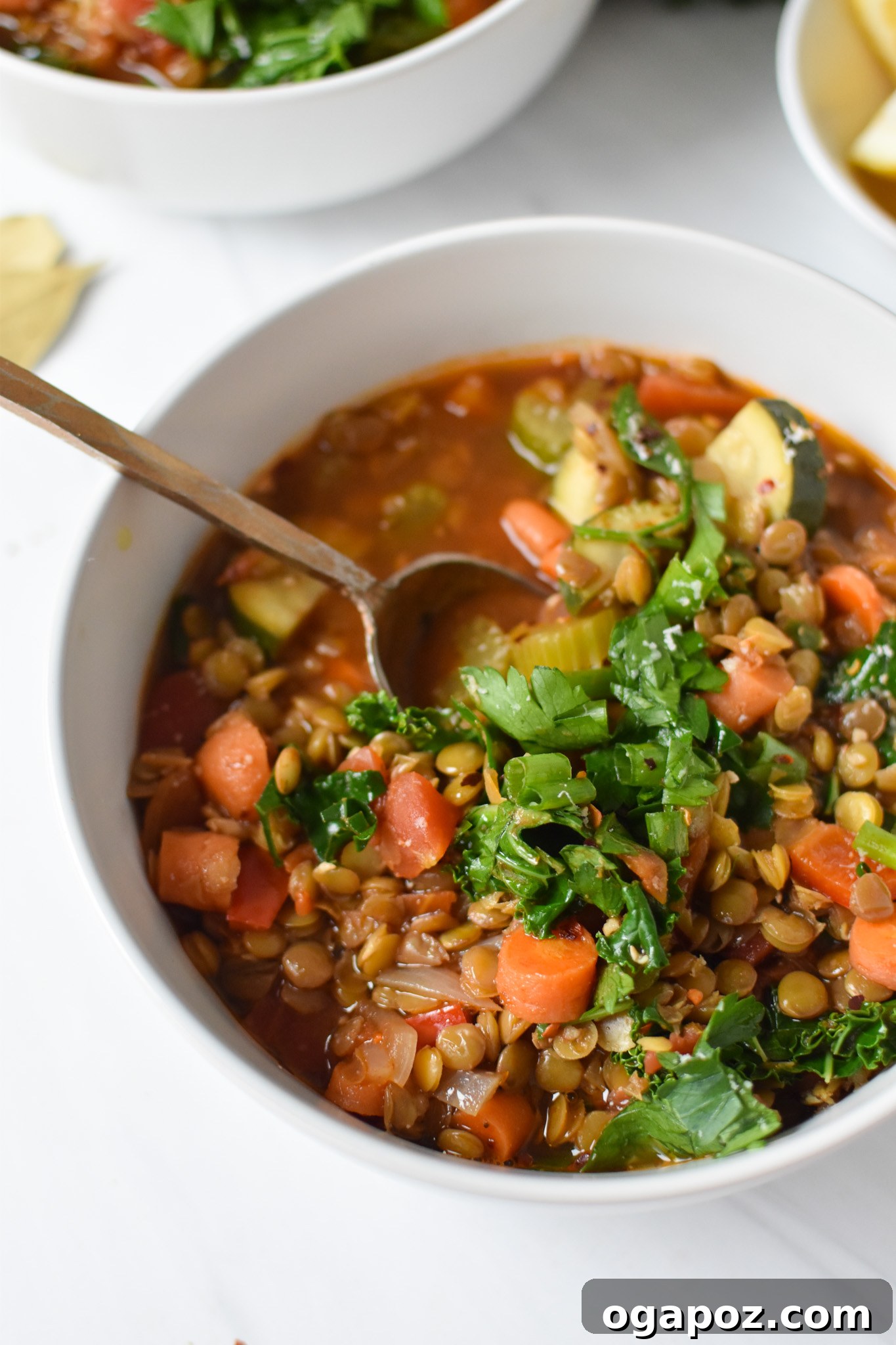 Hearty Tuscan Lentil Stew 2 A golden spoon dipping into a bowl of rich Italian Style Lentil Soup, showcasing the vibrant lentils and vegetables.