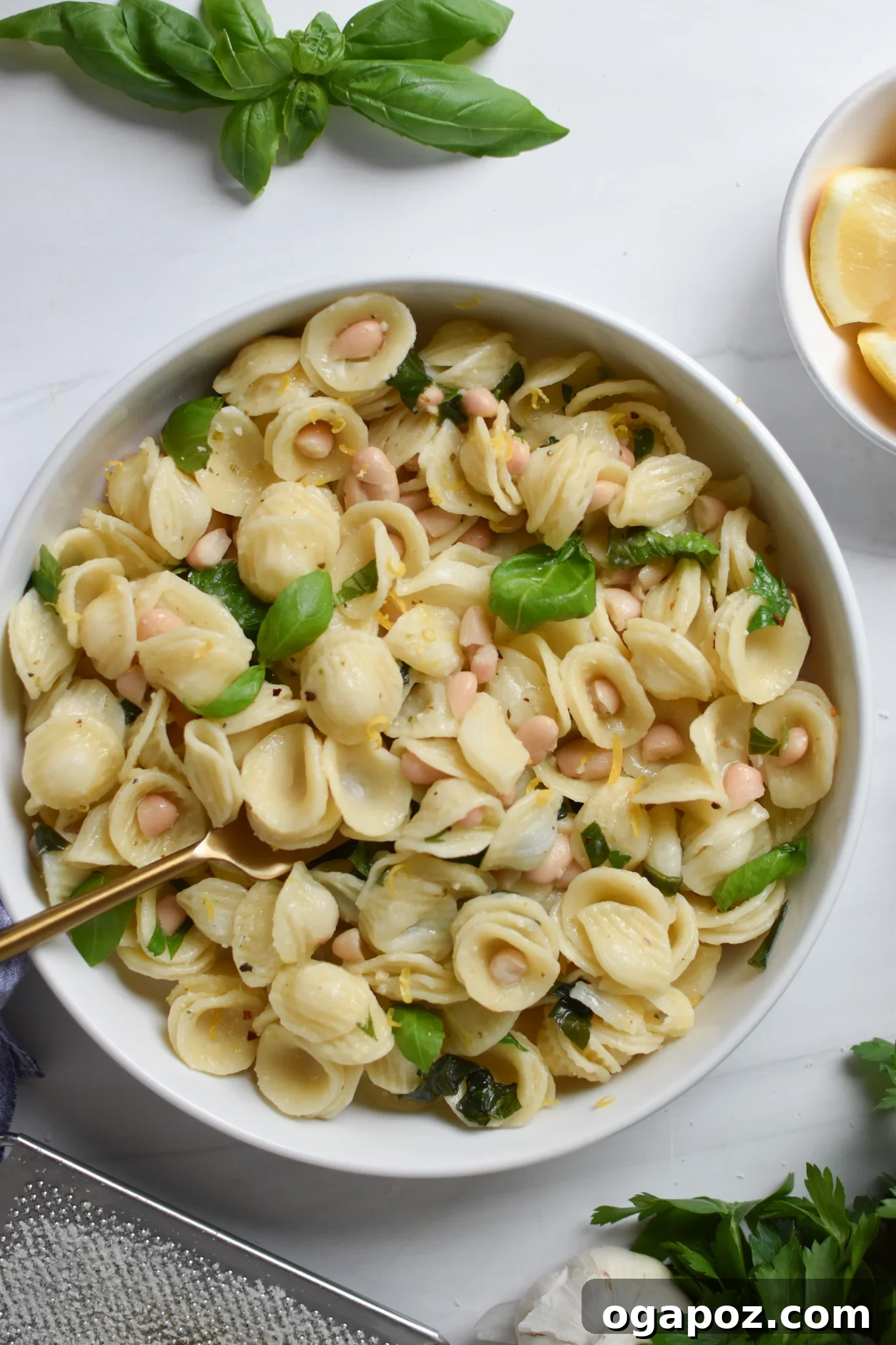 Bright Lemon Basil White Bean Pasta 5 A close-up of Lemon Basil Pasta, garnished with fresh basil leaves and lemon slices, inviting you to take a bite.