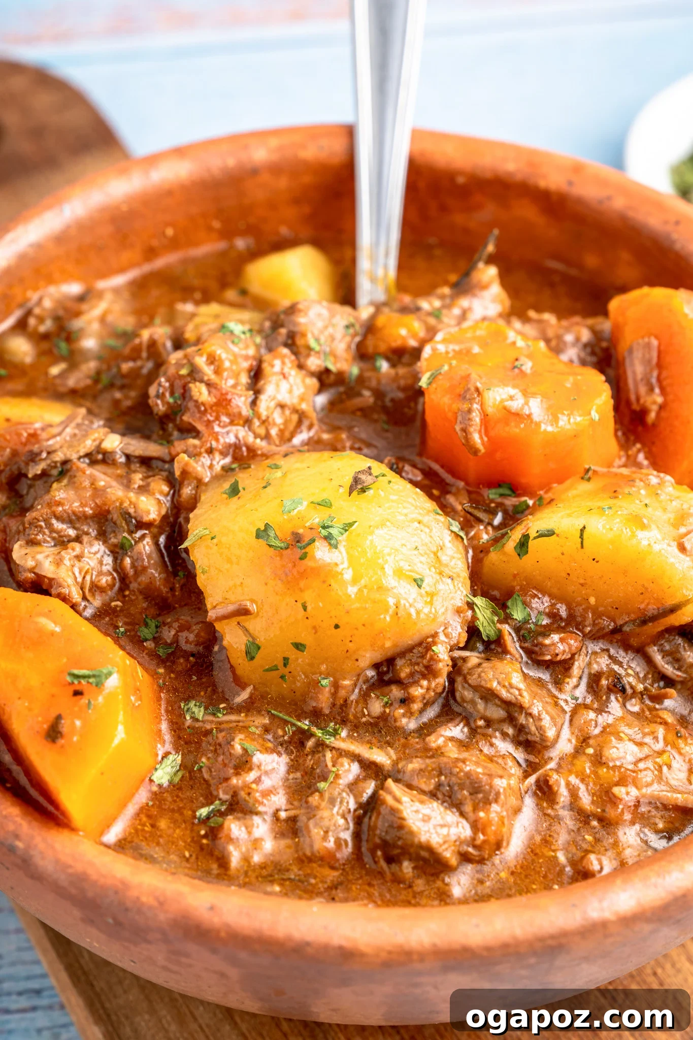 Crock Pot Beef Stew in a rustic bowl, showcasing its rich texture and tender ingredients.