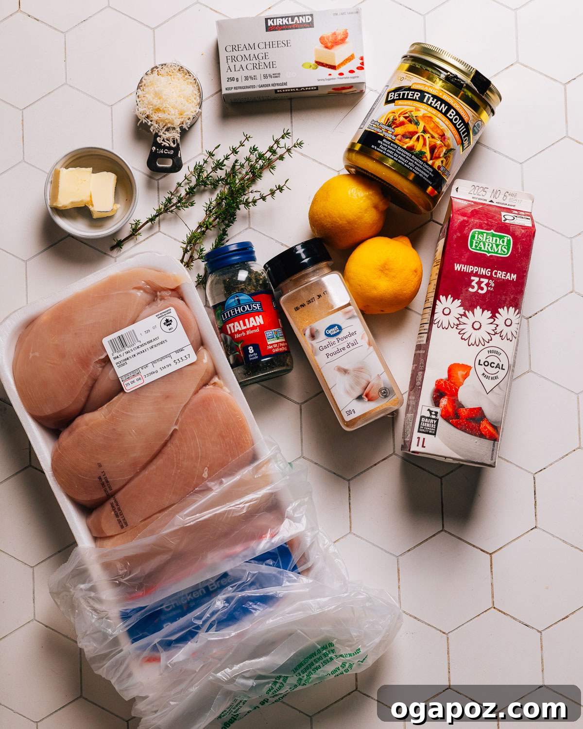Lemony Slow Cooker Chicken 3 All the fresh ingredients for Crockpot Lemon Chicken laid out on a kitchen countertop.