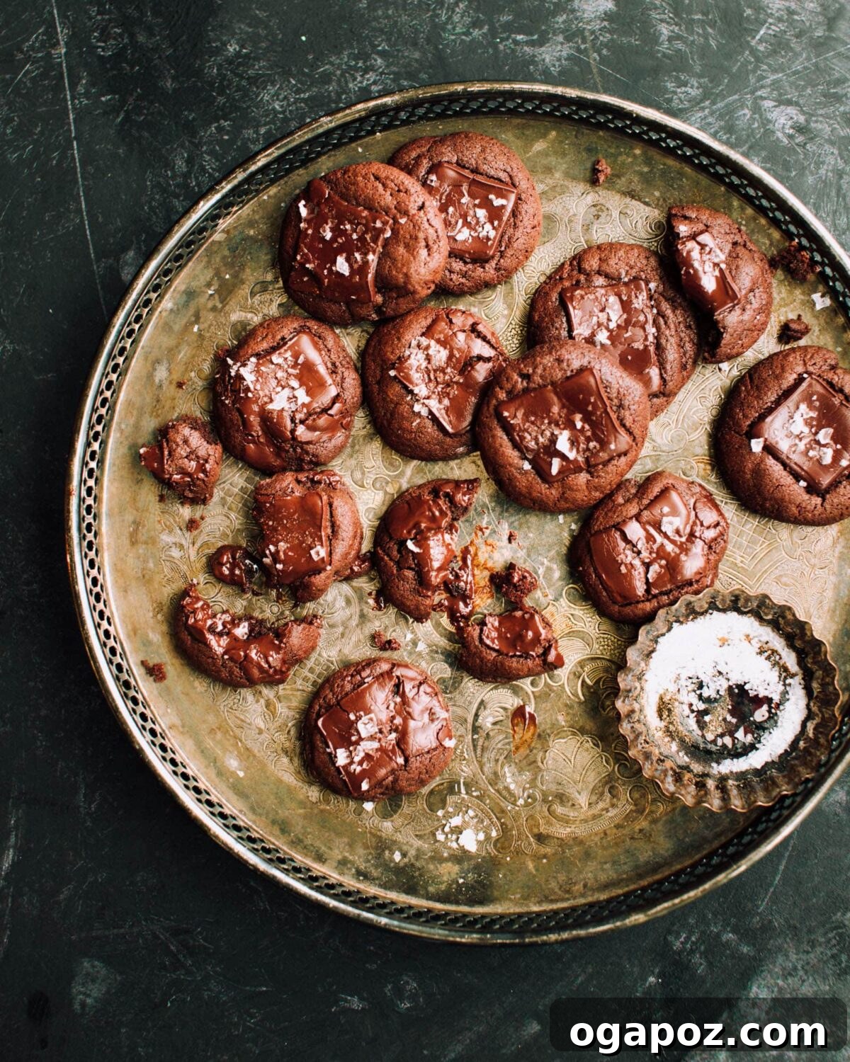 Decadent Brownie Cookies 7 A tray of beautifully baked Brownie Cookies, generously sprinkled with flaky sea salt, highlighting their rich texture and gourmet finish.