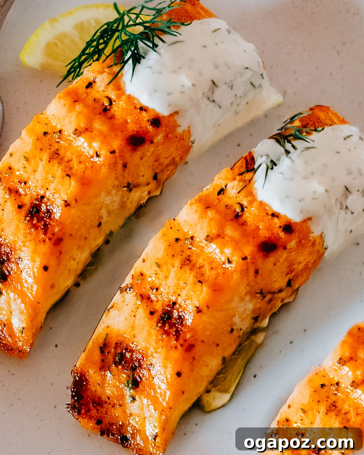 Dill Sauce for Salmon spooned generously over flaky portions of perfectly grilled salmon.