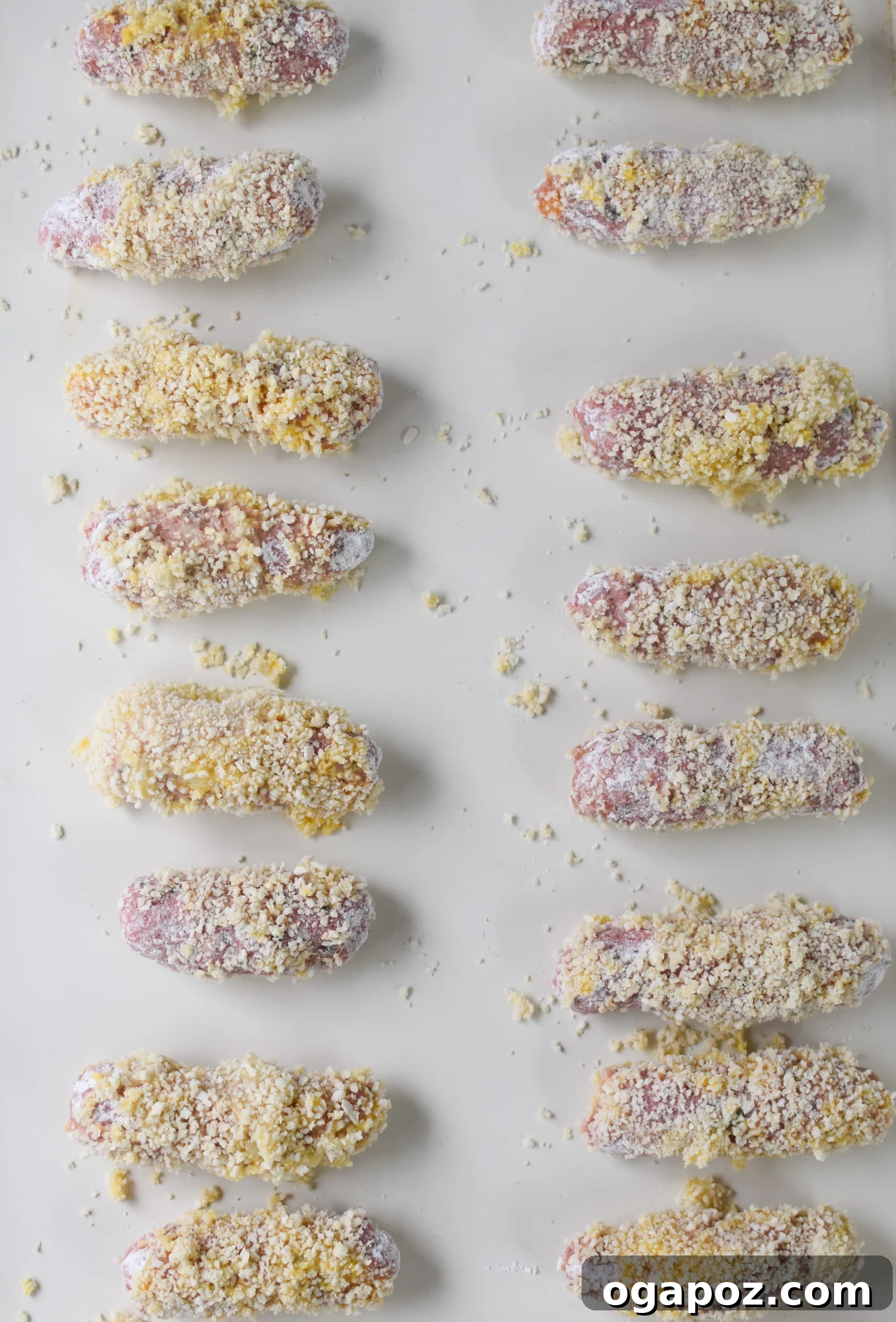 Crispy Lamb Bites 8 A lamb croquette log being rolled in breadcrumbs, showcasing the coating process.