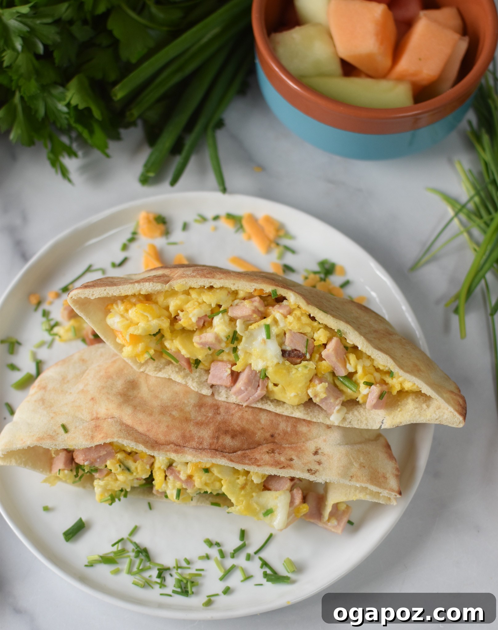 Savory Morning Pitas 5 A perfectly prepared Breakfast Pita served on a pristine white plate, ready to be enjoyed.