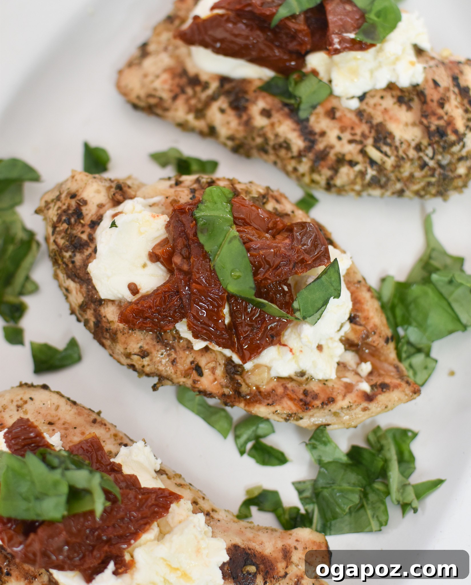Copycat Carrabba's Chicken Bryan 2 Chicken Bryan on a white platter, beautifully garnished with basil and sun-dried tomatoes.