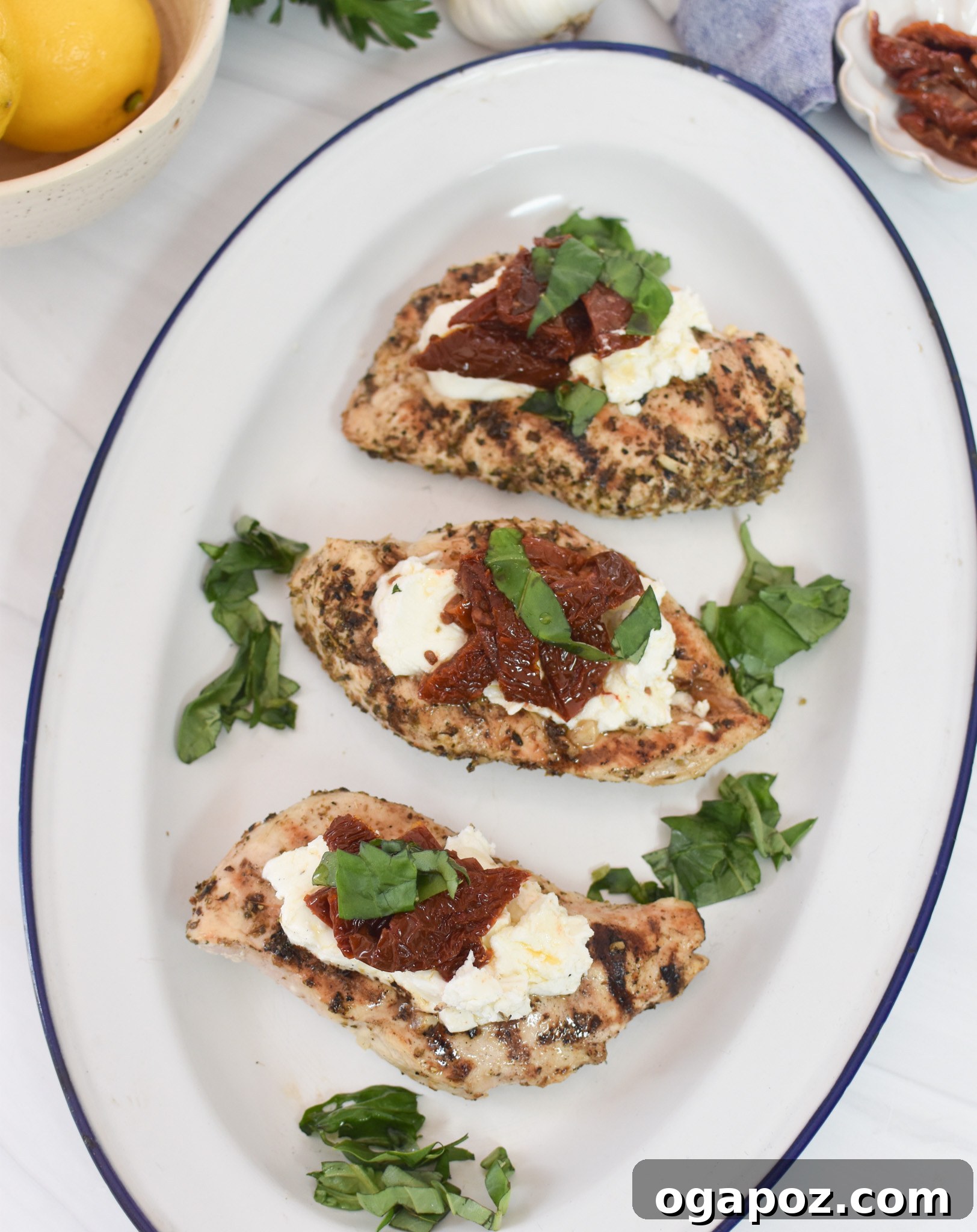 Copycat Carrabba's Chicken Bryan 4 Chicken Bryan served on a white and blue patterned platter.