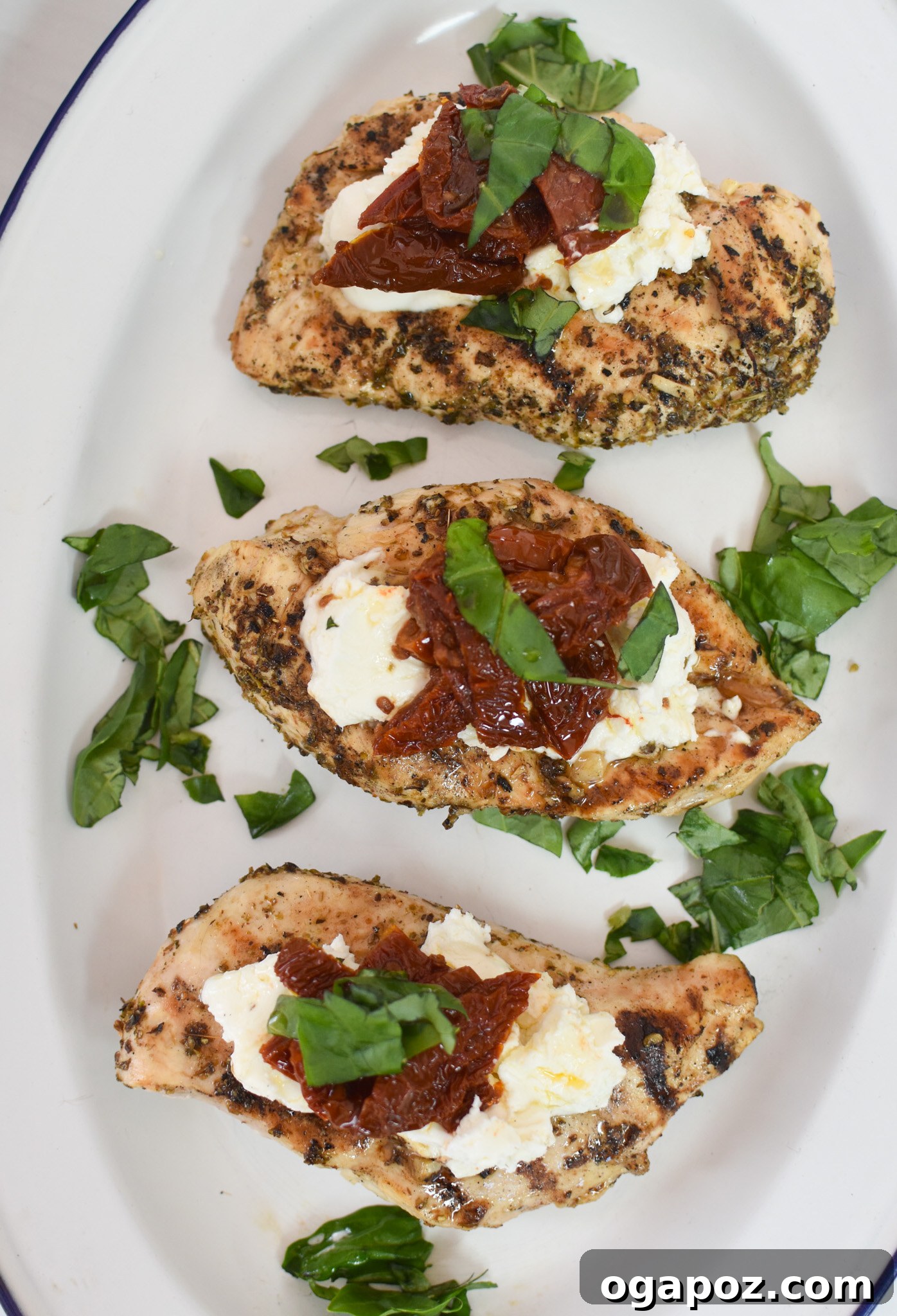 Copycat Carrabba's Chicken Bryan 8 A close-up of Chicken Bryan garnished with fresh basil and goat cheese.