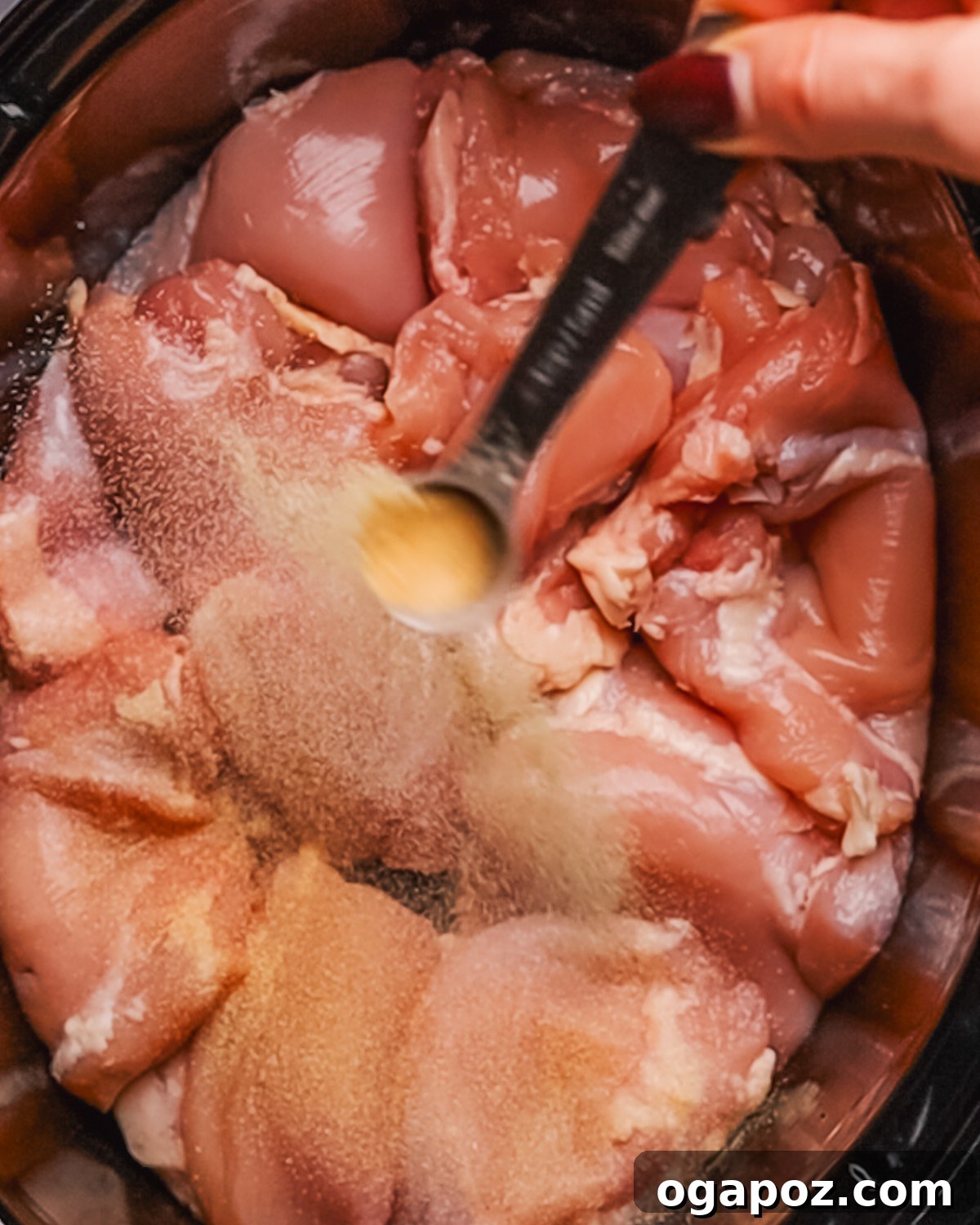 Creamy Slow Cooker Chicken Alfredo 4 Step 1: Seasoning boneless skinless chicken thighs for Crockpot Chicken Alfredo.