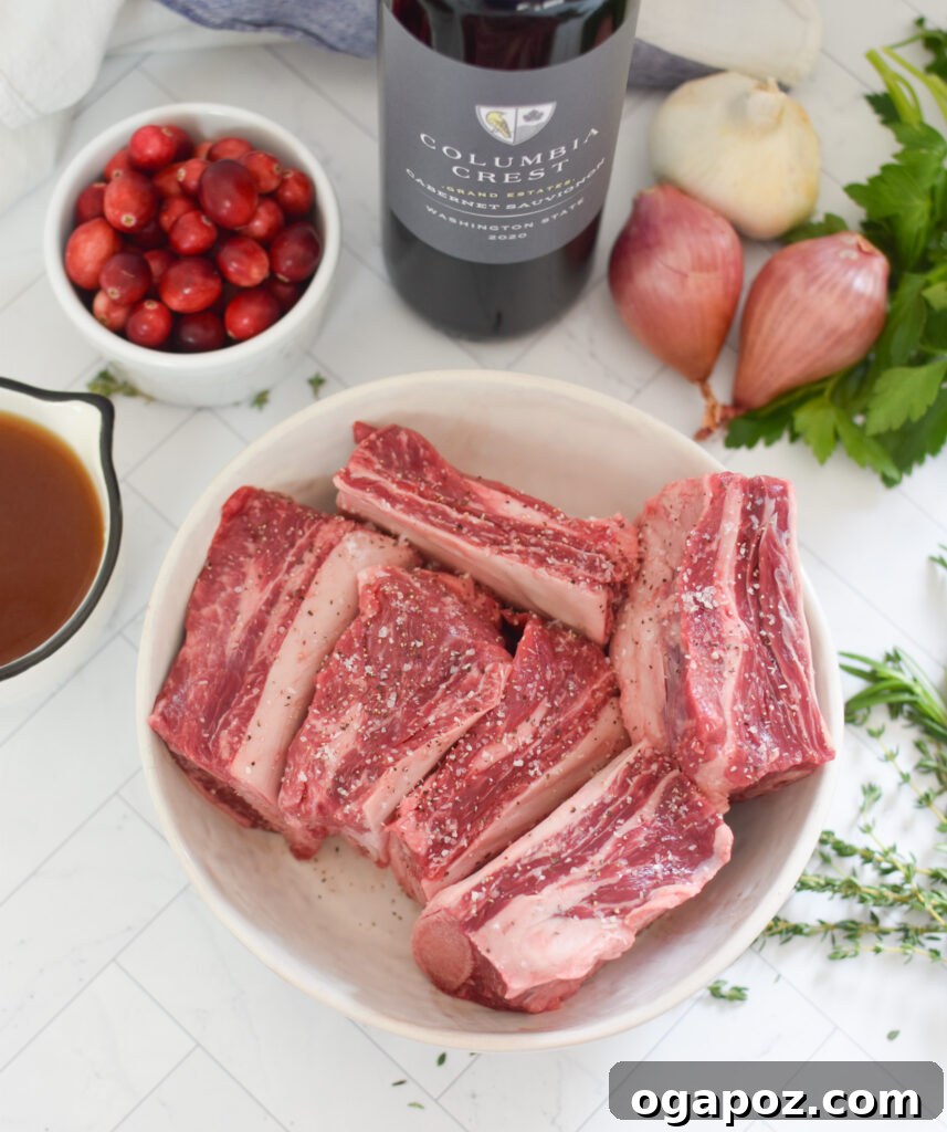 Rich & Tangy Cranberry Short Ribs 3 A selection of fresh ingredients including short ribs, carrots, onions, garlic, and cranberries, ready for the Cranberry Braised Short Ribs Recipe.