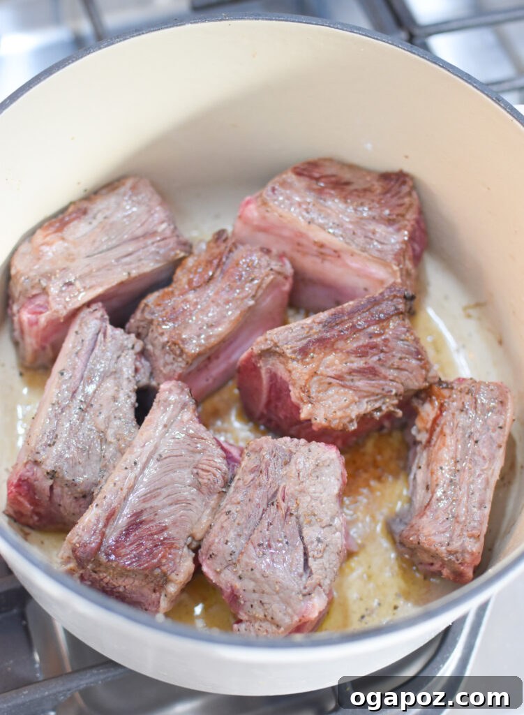 Rich & Tangy Cranberry Short Ribs 6 Close-up of short ribs browning in a hot Dutch oven, showing a beautiful caramelized crust forming on the meat.